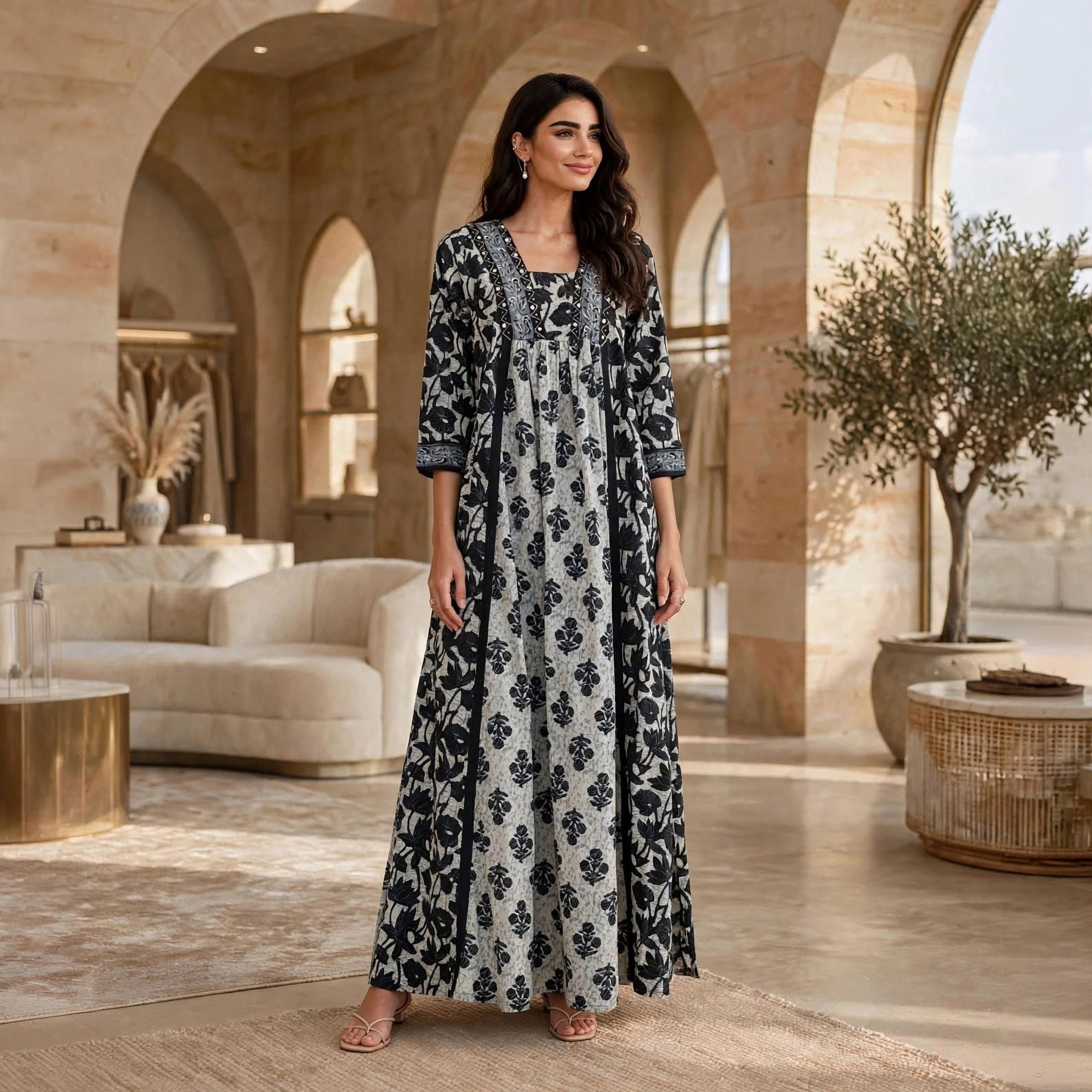 IKKXA Floral Print Square Neck Women's Jalabiya-women-arabicclothing-jalabiyas-image-1