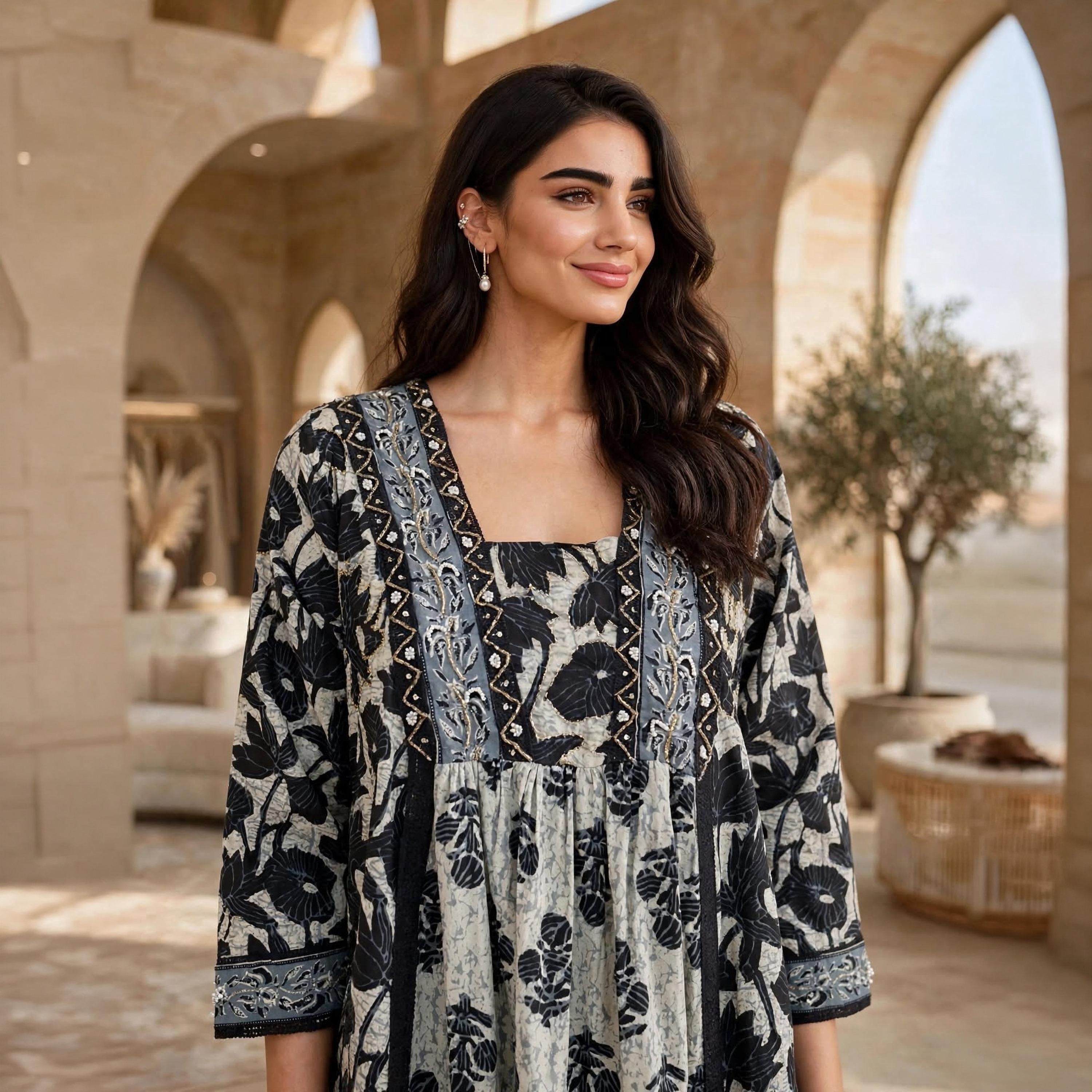 IKKXA Floral Print Square Neck Women's Jalabiya-women-arabicclothing-jalabiyas-image-2