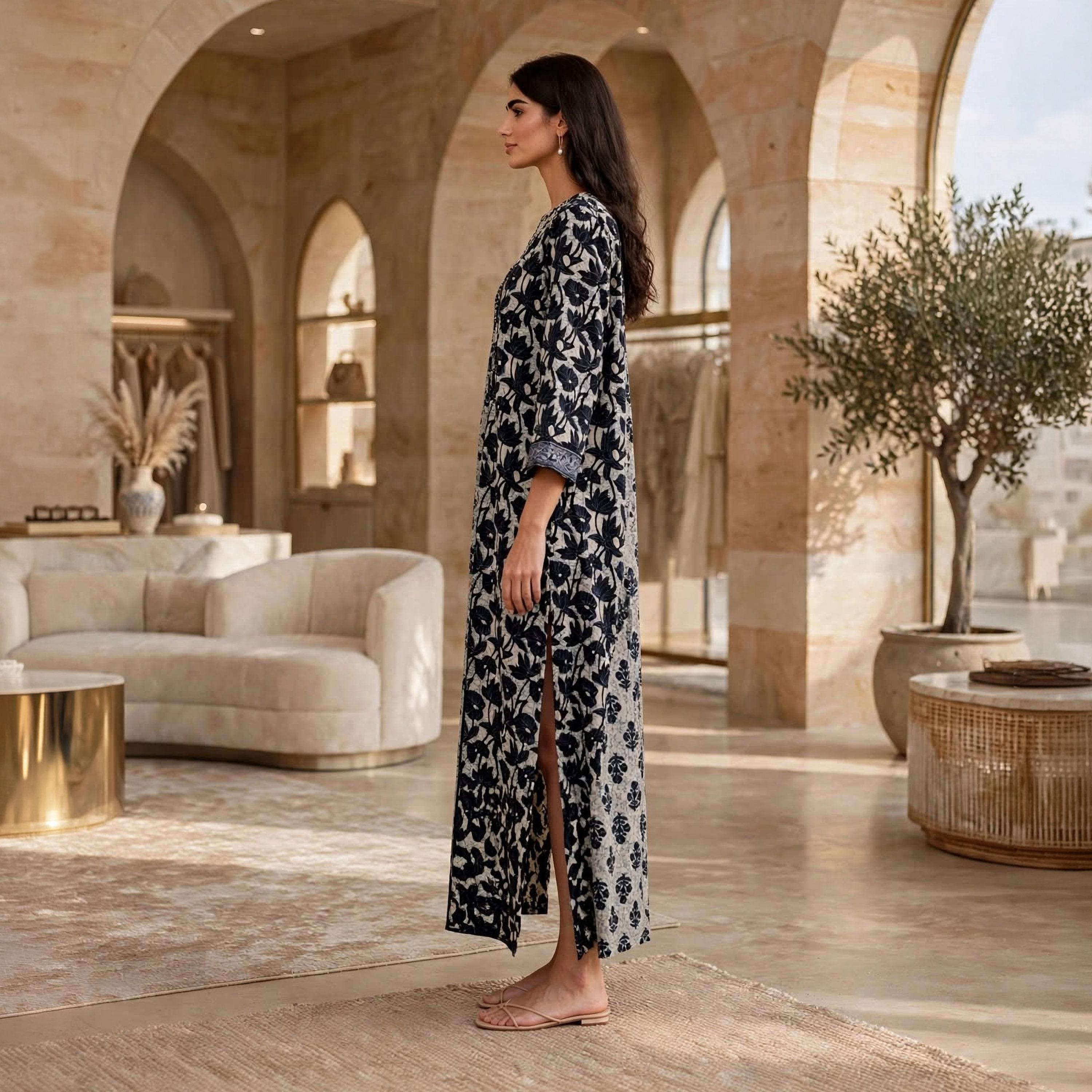 جلابية حريمي بطبعة زهور وفتحة رقبة مربعة من إيكسا-women-arabicclothing-jalabiyas-image-4