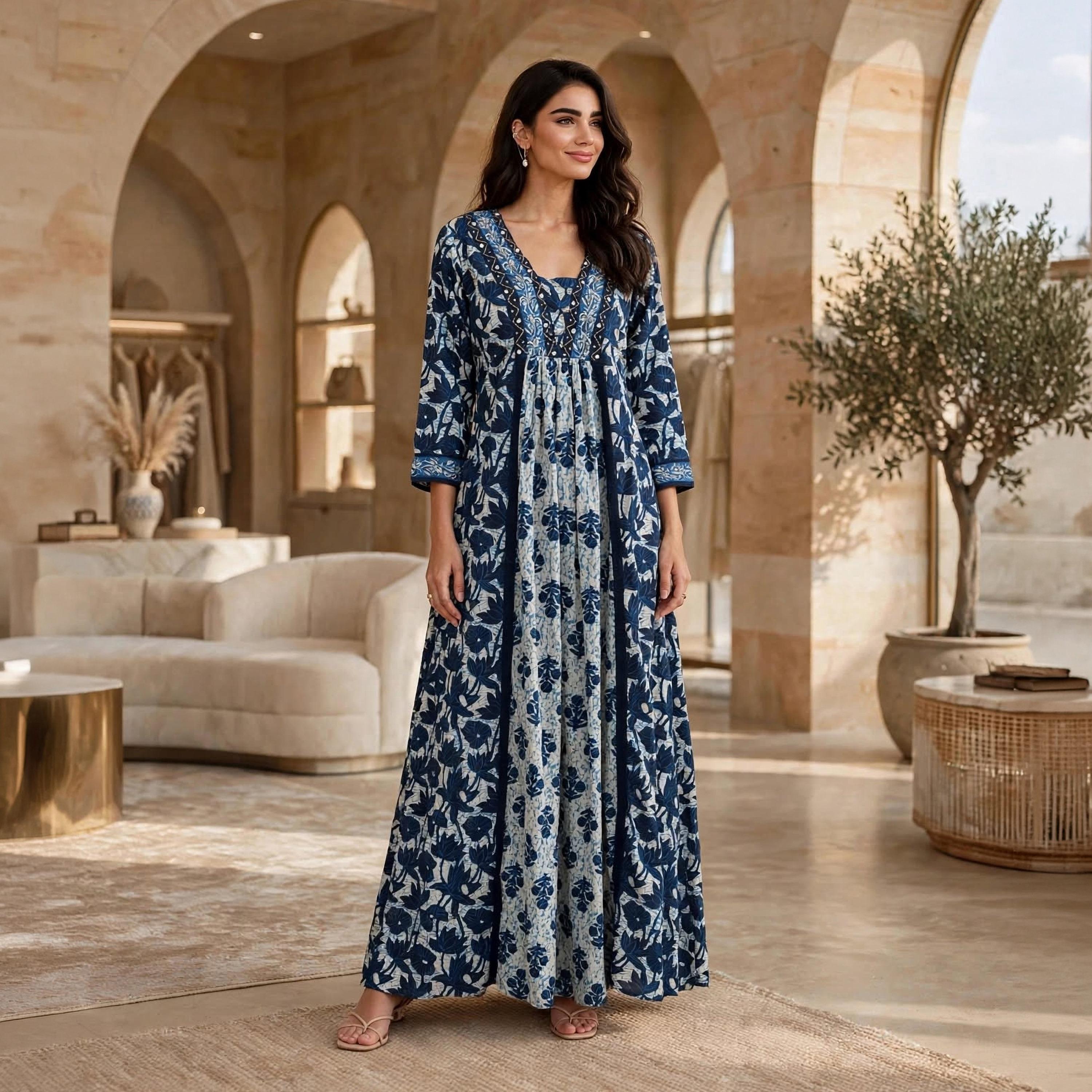 IKKXA Floral Print Square Neck Women's Jalabiya-women-arabicclothing-jalabiyas-image-1