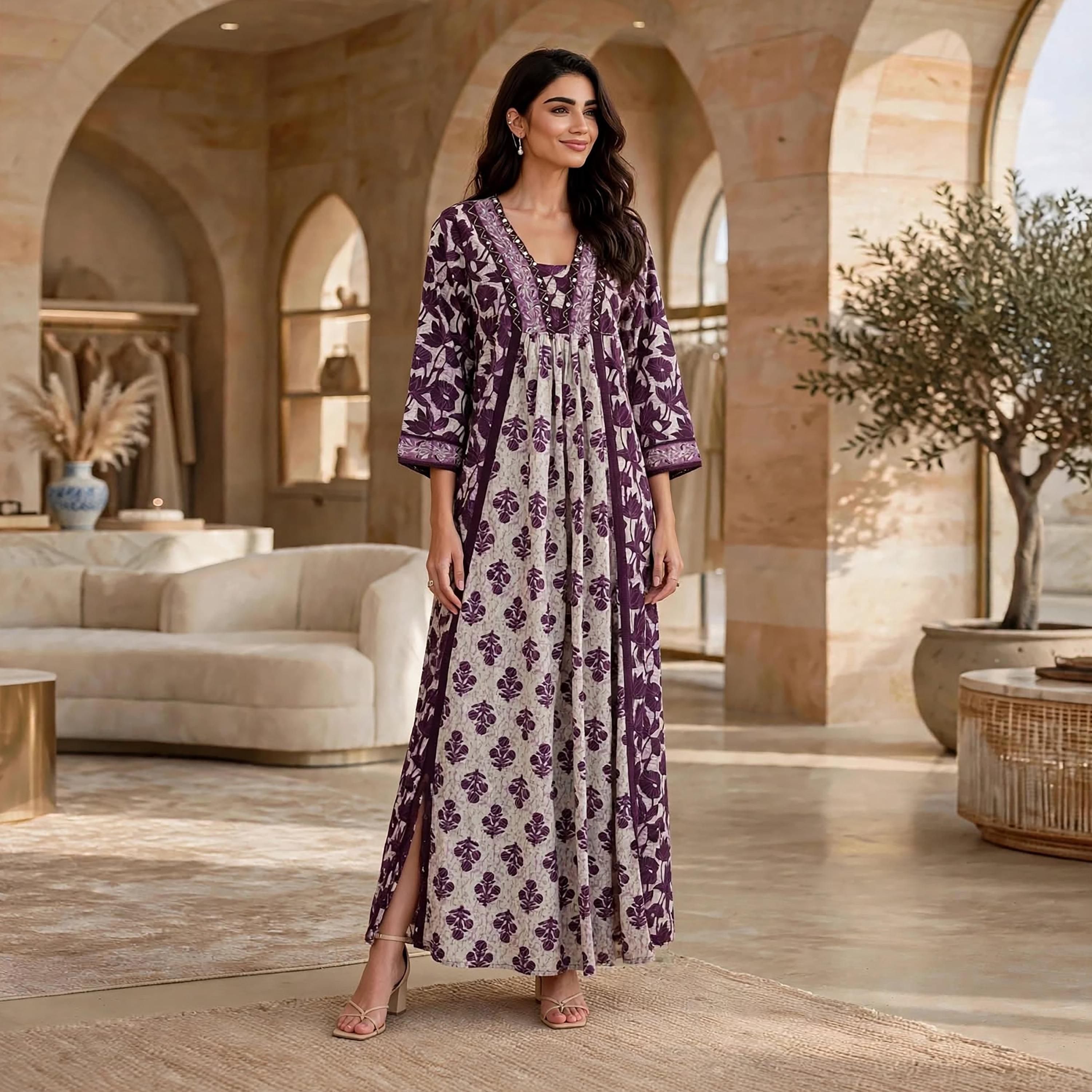 جلابية حريمي بطبعة زهور وفتحة رقبة مربعة من إيكسا-women-arabicclothing-jalabiyas-image-11