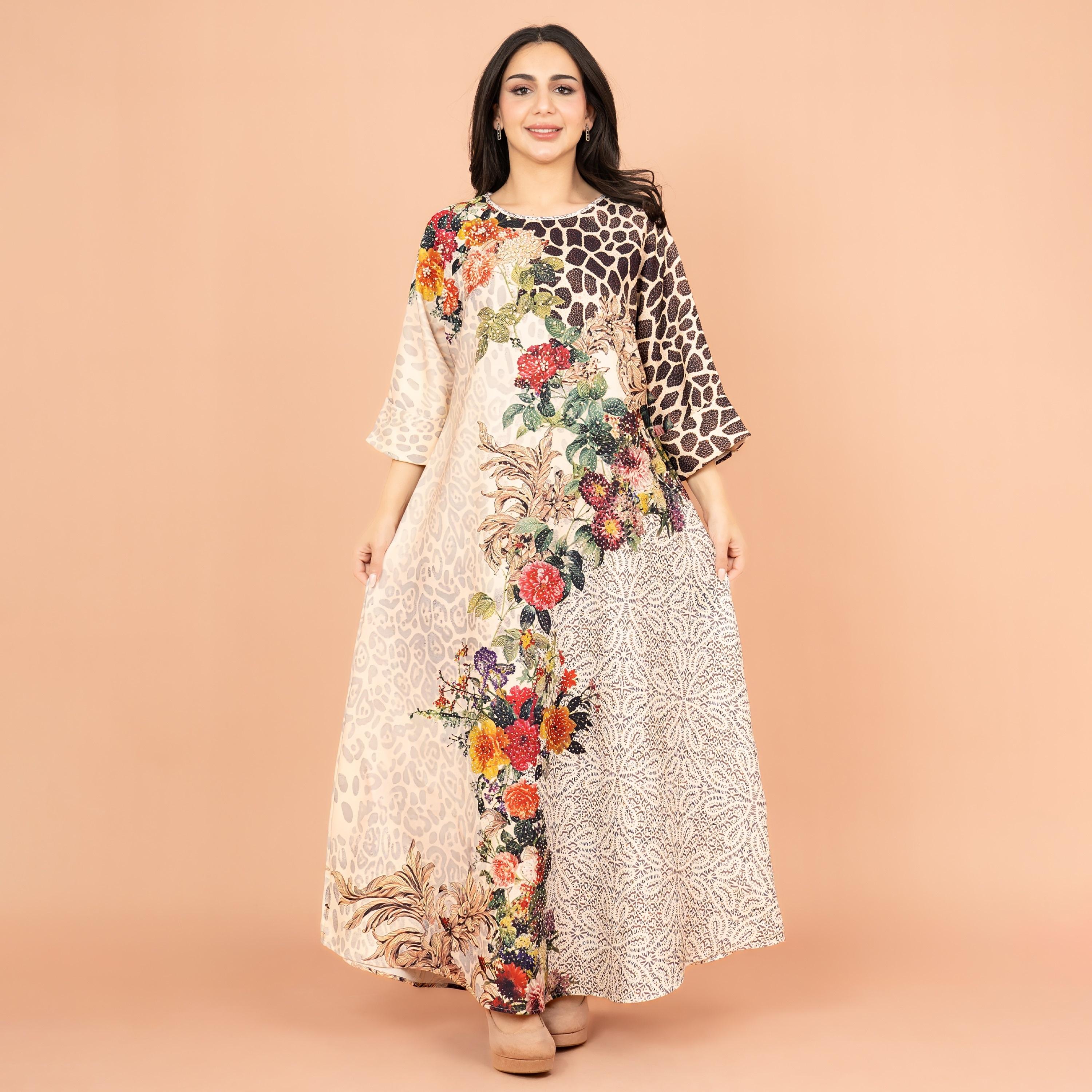 جلابية نسائية احتفالية بطبعات زهور ومزينة باللؤلؤ بأكمام قابلة للطي من IKKXA-women-arabicclothing-jalabiyas-image-1