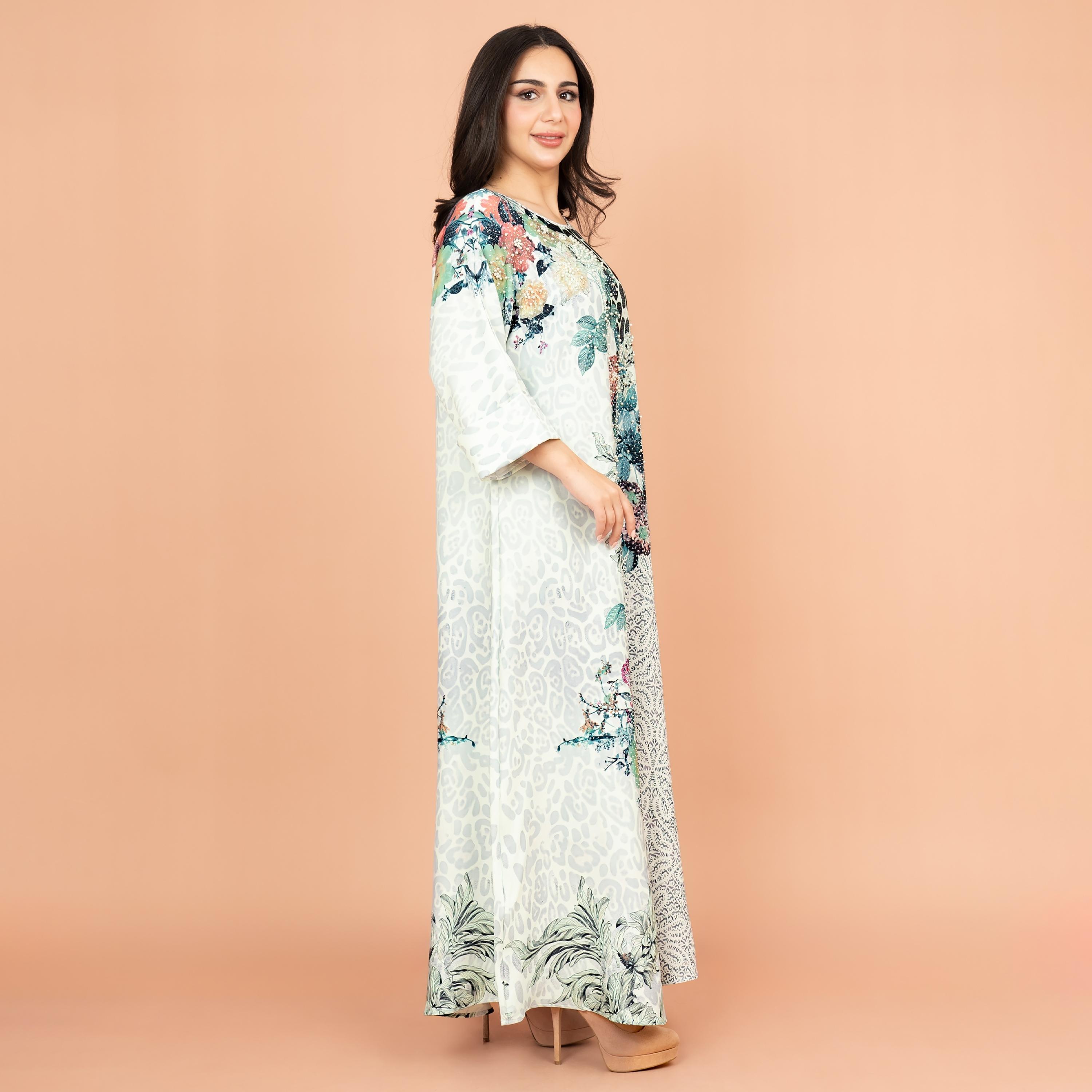 جلابية نسائية احتفالية بطبعات زهور ومزينة باللؤلؤ بأكمام قابلة للطي من IKKXA-women-arabicclothing-jalabiyas-image-12