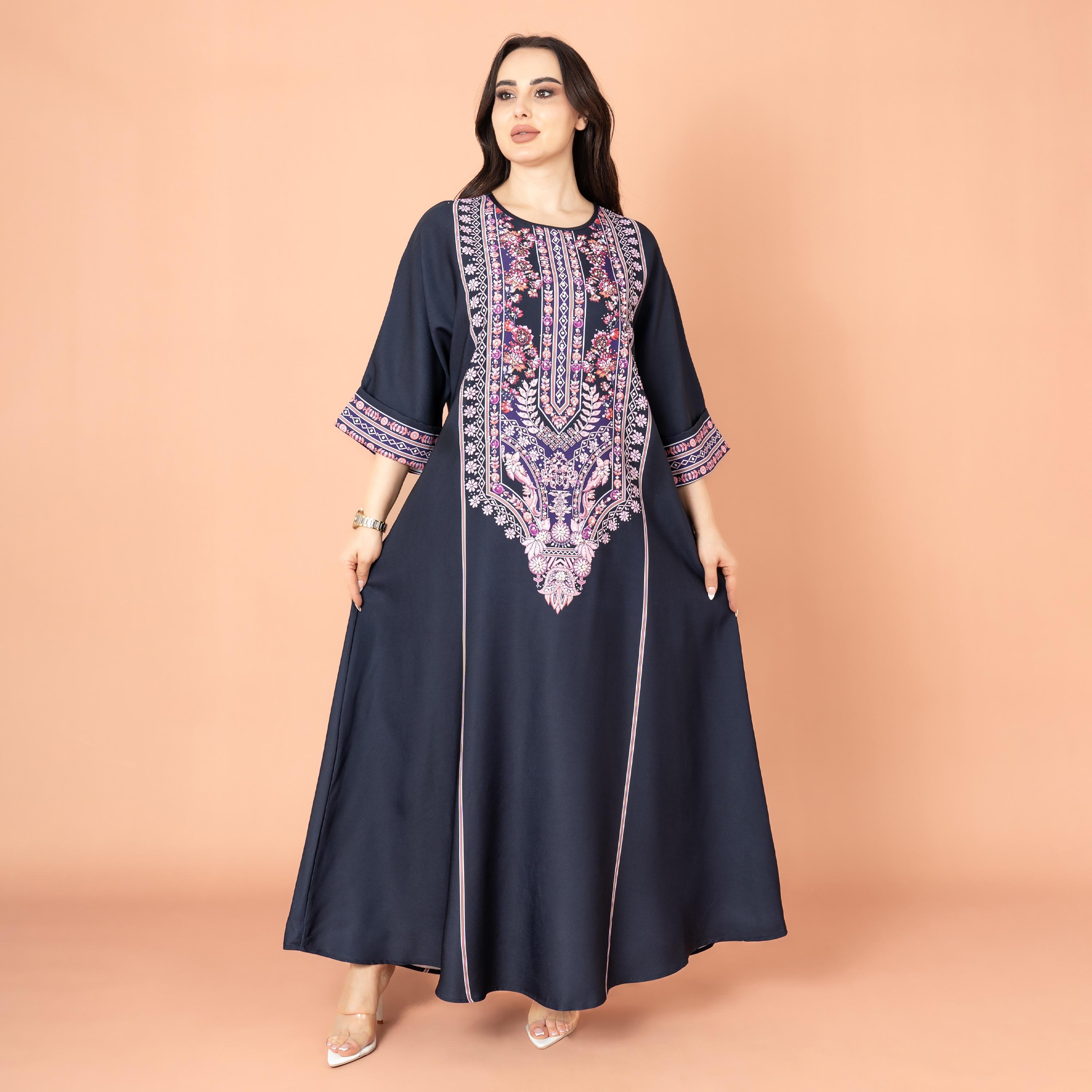 IKKXA Floral Print and Beaded Work Evening Women's Jalabiya-women-arabicclothing-jalabiyas-image-1