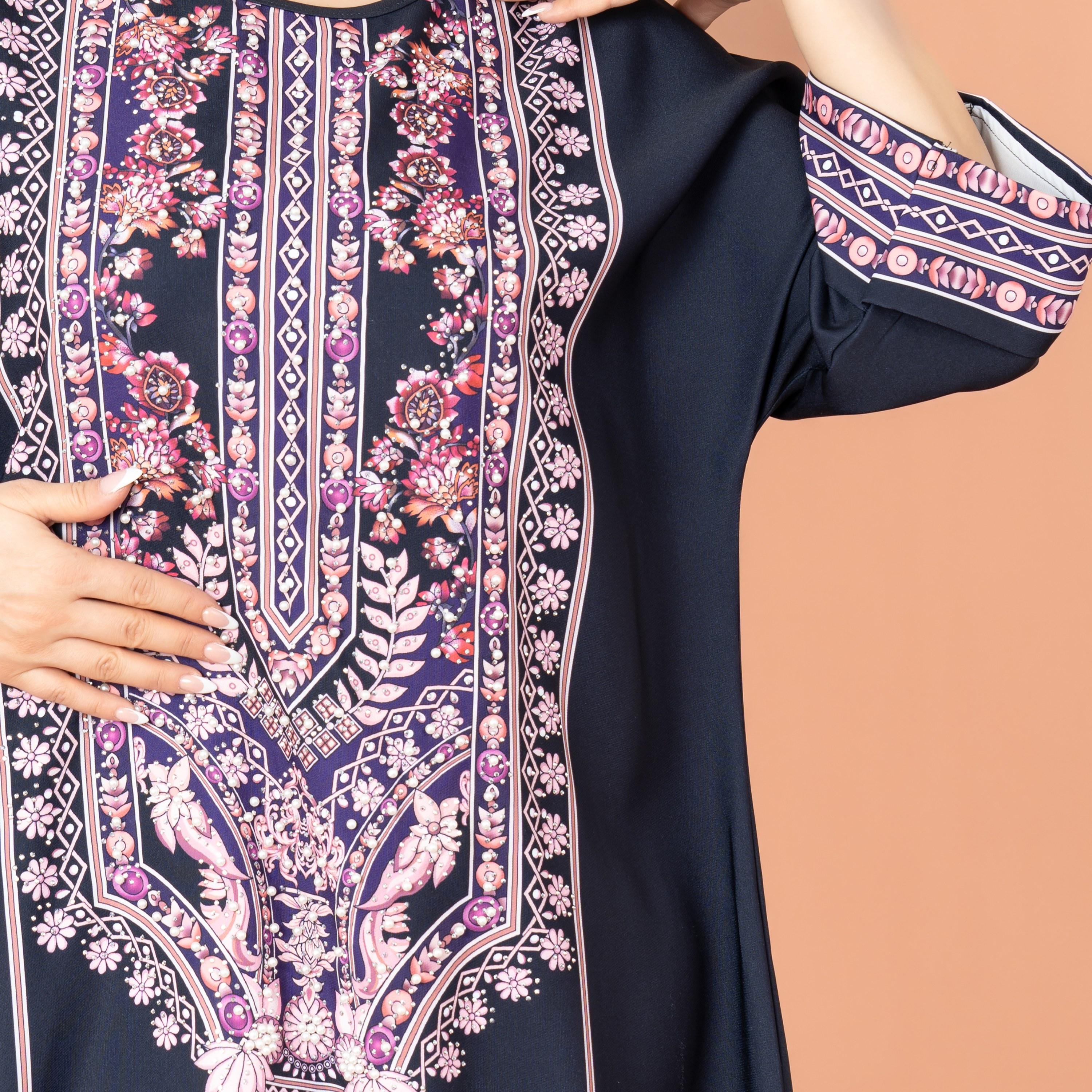 IKKXA Floral Print and Beaded Work Evening Women's Jalabiya-women-arabicclothing-jalabiyas-image-2