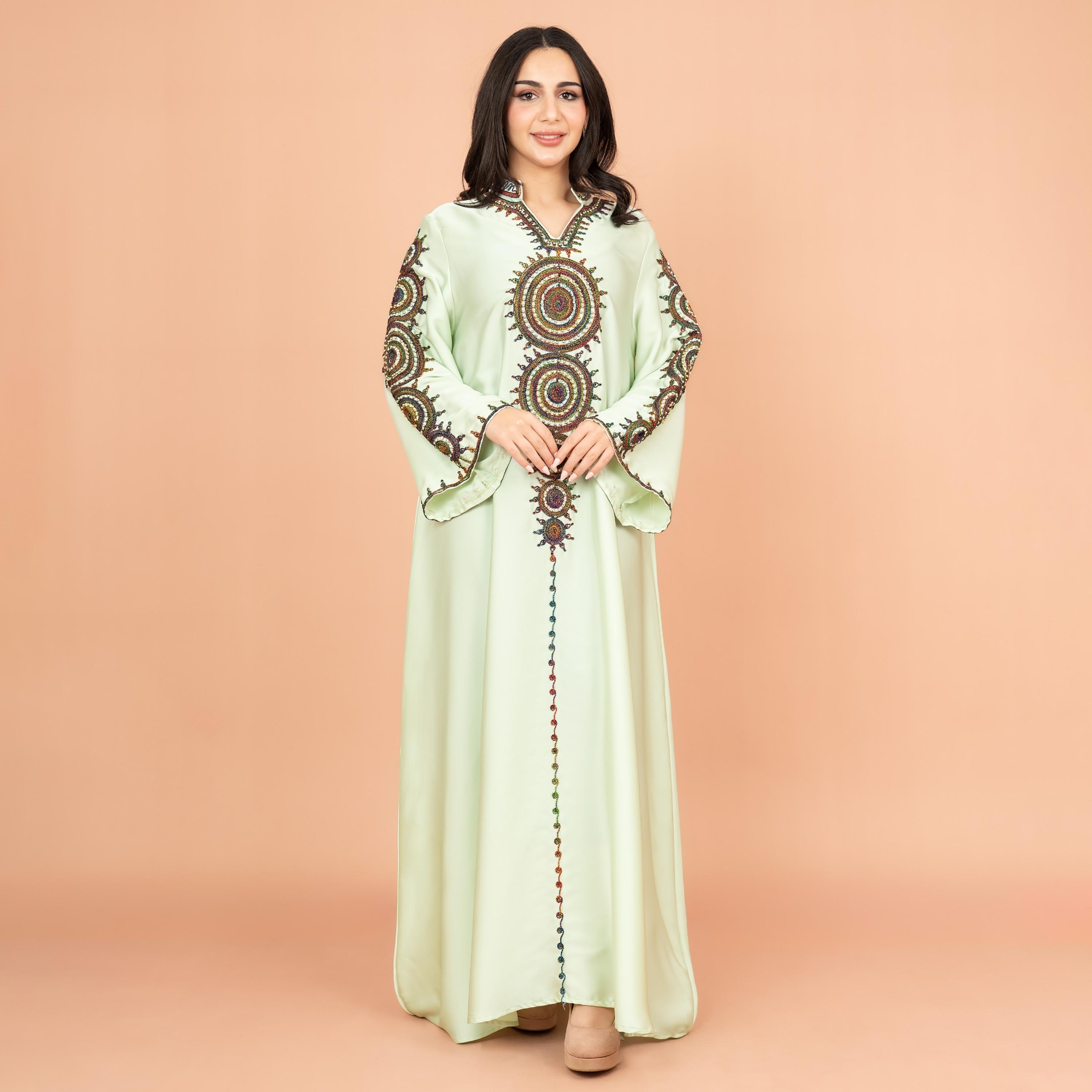 IKKXA Embroidered and Bead Work Mandarin Collar Flared Sleeves Festive Women's Jalabiya-women-arabicclothing-jalabiyas-image-1