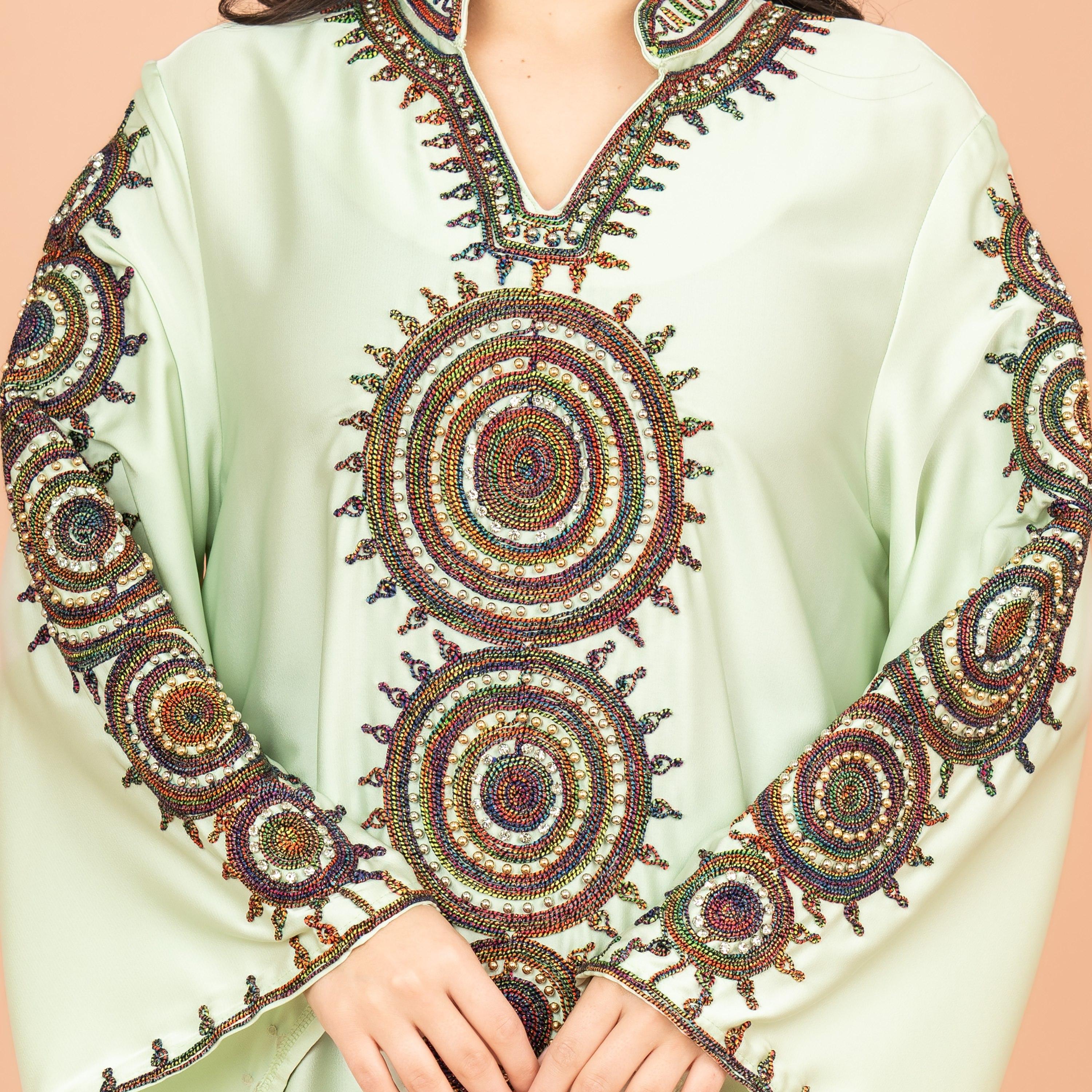 IKKXA Embroidered and Bead Work Mandarin Collar Flared Sleeves Festive Women's Jalabiya-women-arabicclothing-jalabiyas-image-2