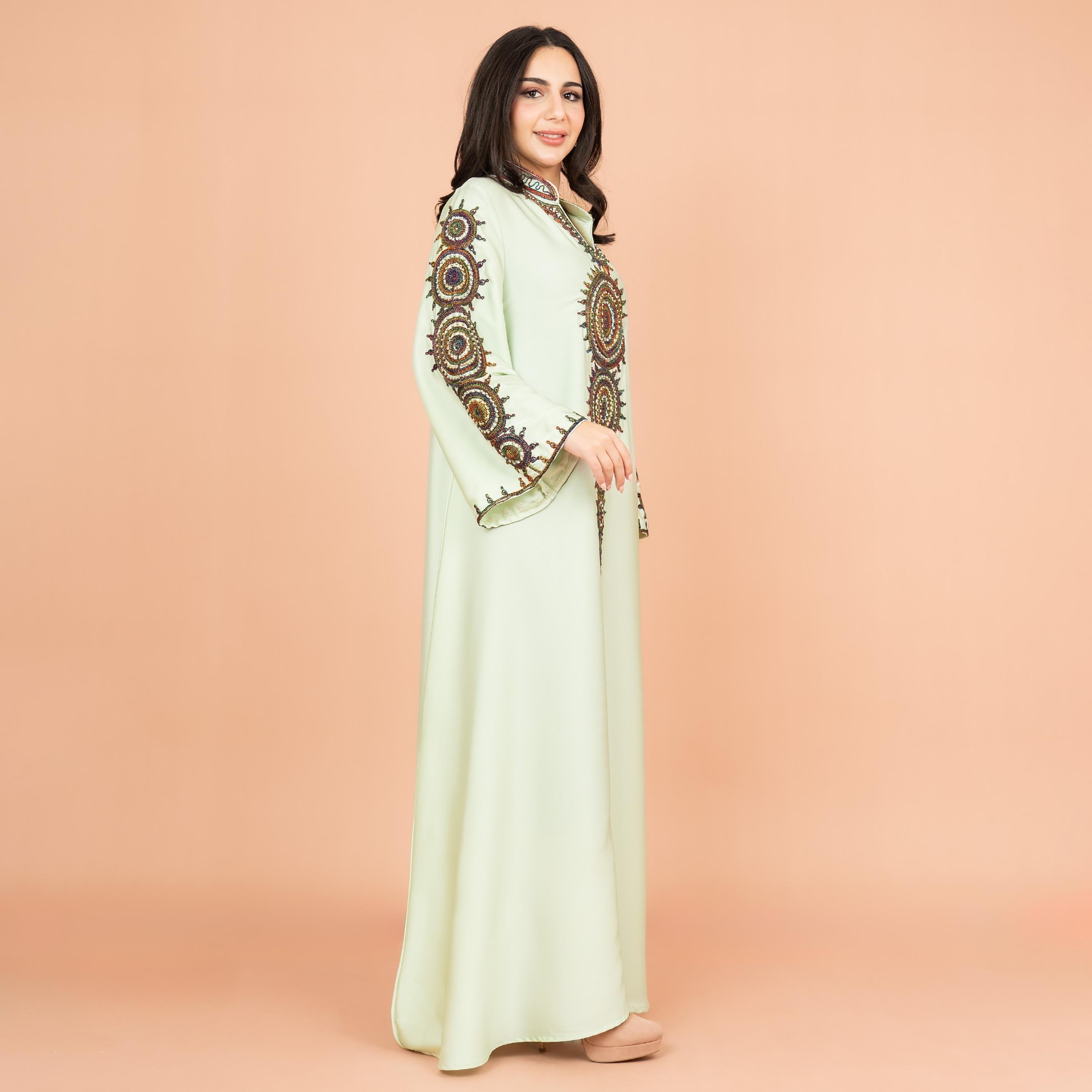IKKXA Embroidered and Bead Work Mandarin Collar Flared Sleeves Festive Women's Jalabiya-women-arabicclothing-jalabiyas-image-3