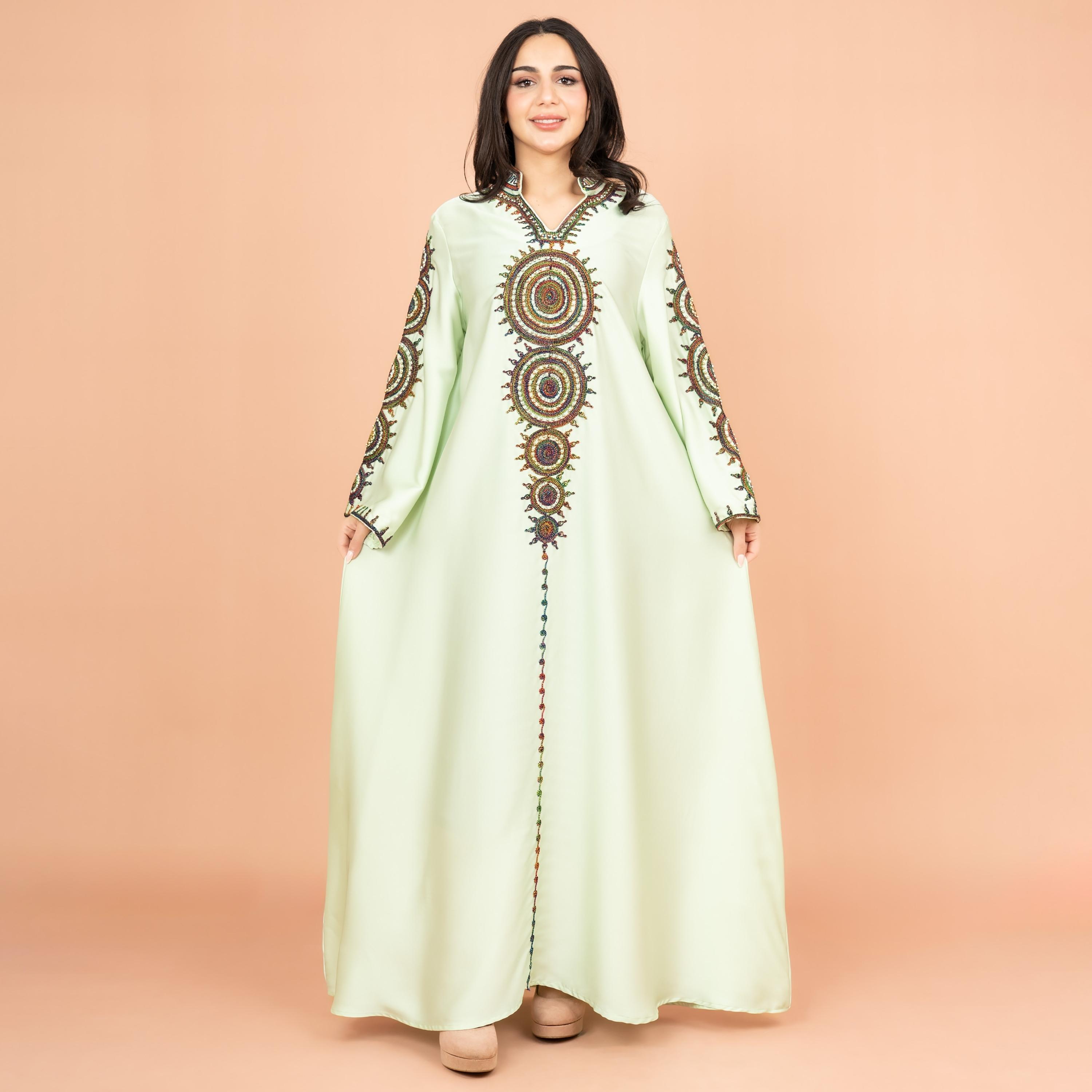 IKKXA Embroidered and Bead Work Mandarin Collar Flared Sleeves Festive Women's Jalabiya-women-arabicclothing-jalabiyas-image-5