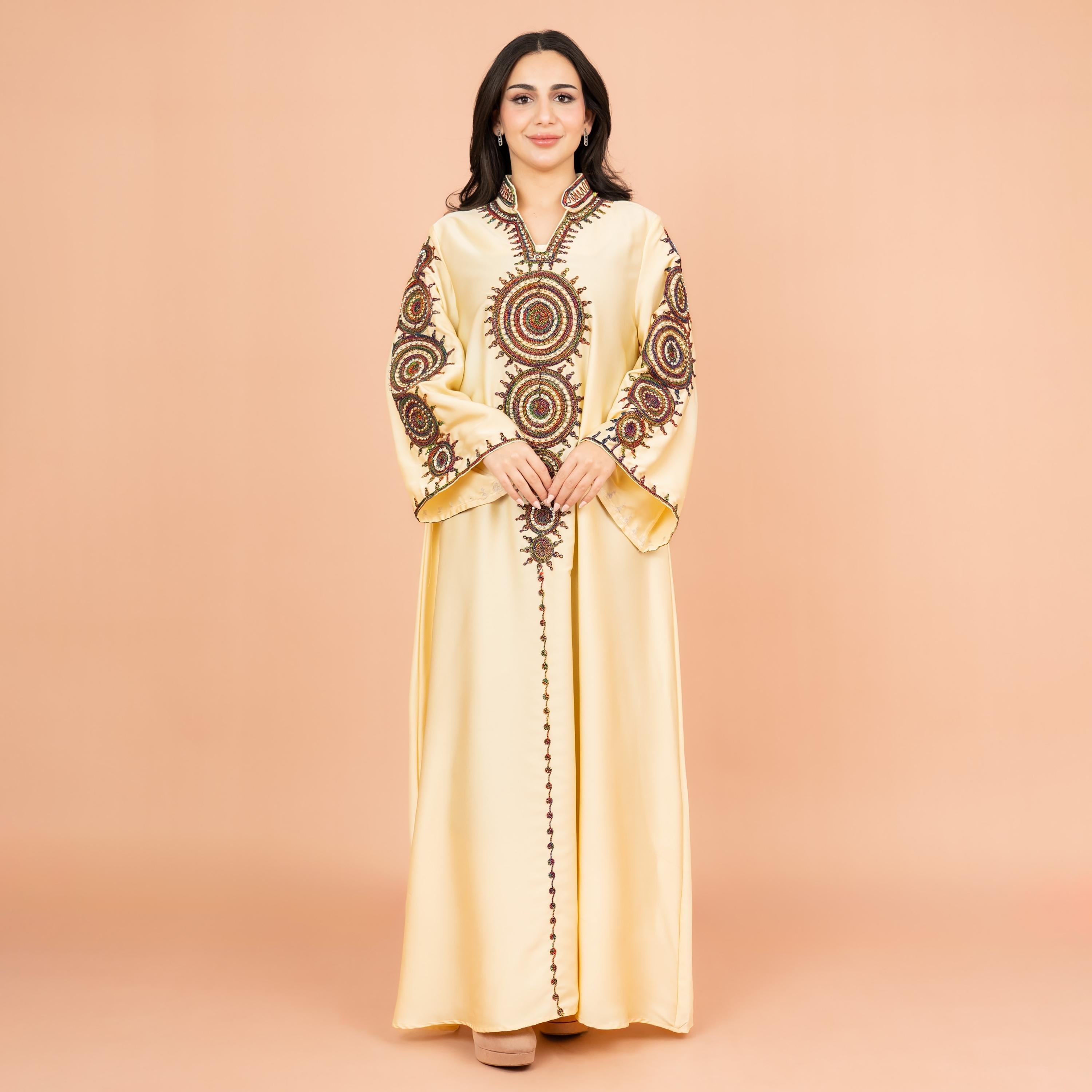 IKKXA Embroidered and Bead Work Mandarin Collar Flared Sleeves Festive Women's Jalabiya-women-arabicclothing-jalabiyas-image-1