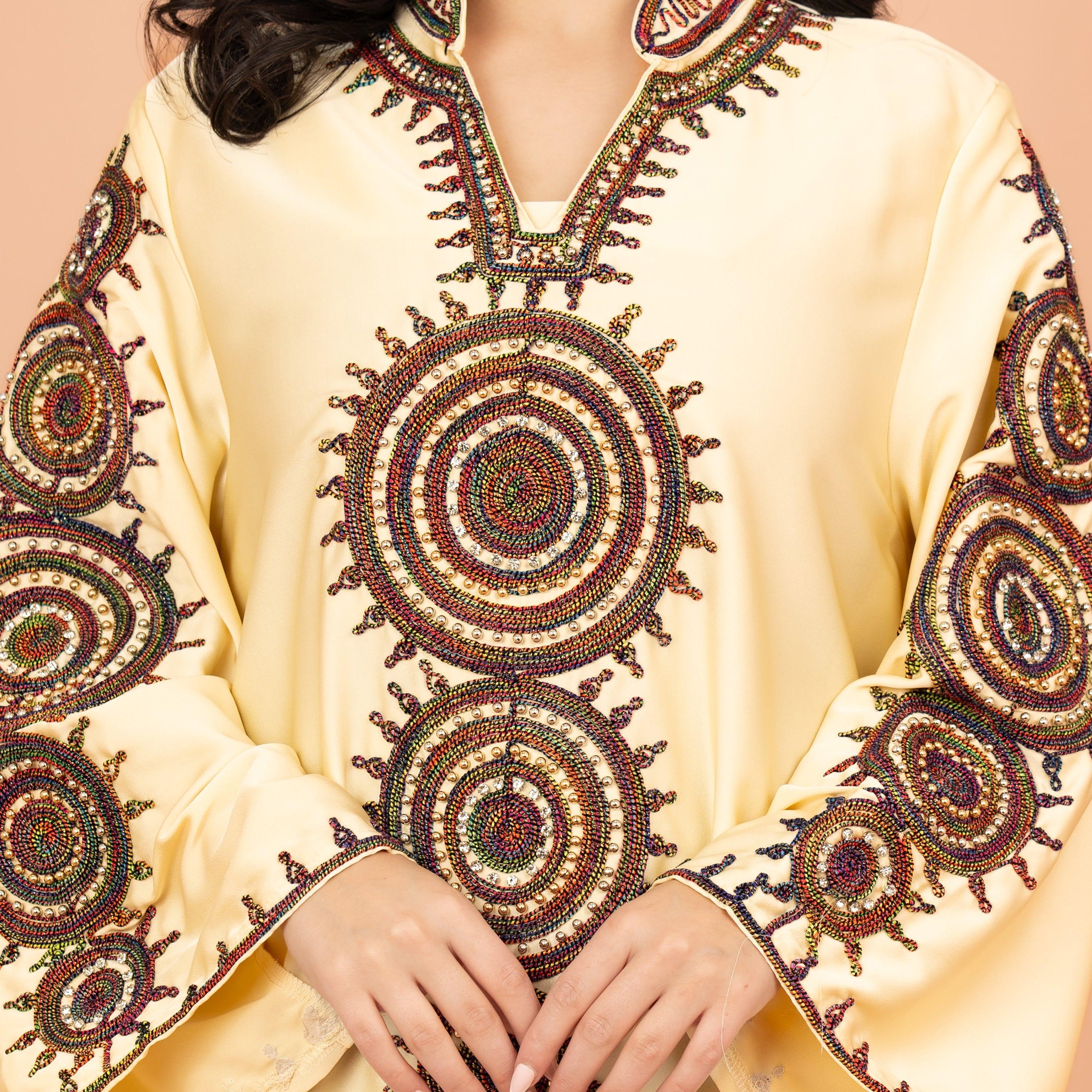IKKXA Embroidered and Bead Work Mandarin Collar Flared Sleeves Festive Women's Jalabiya-women-arabicclothing-jalabiyas-image-2