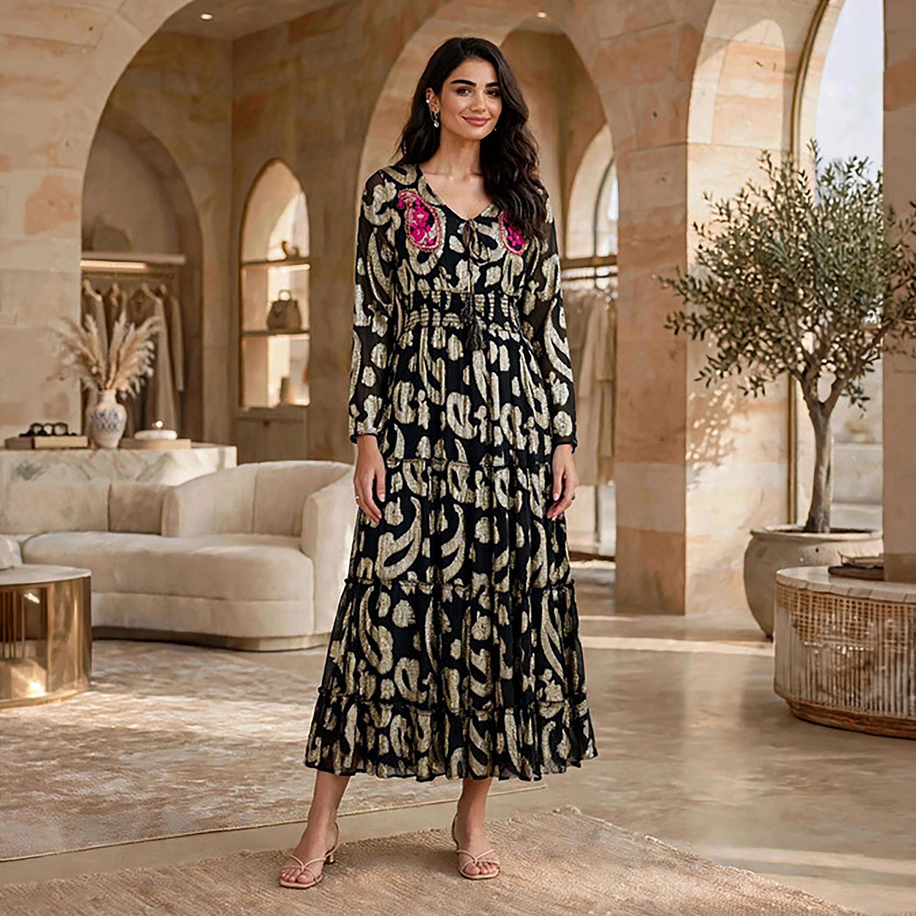 IKKXA Paisley Foil Print Smocked Women's Tiered Jalabiya-women-arabicclothing-jalabiyas-image-6