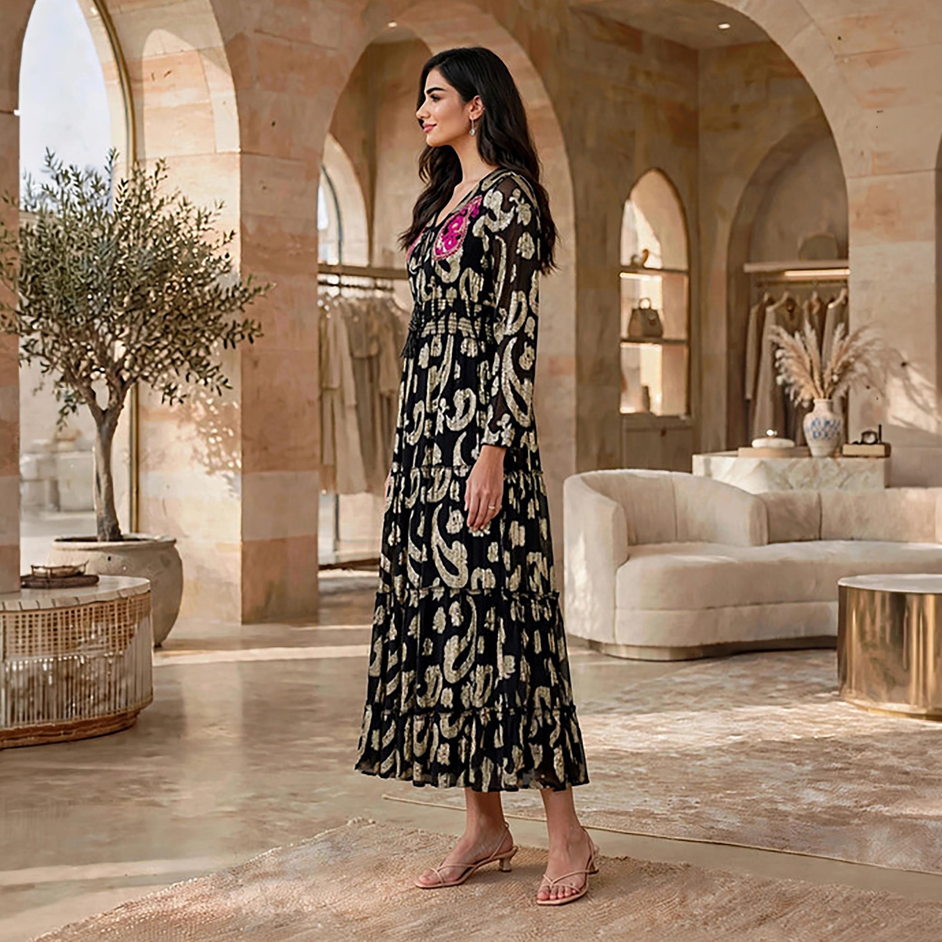 IKKXA Paisley Foil Print Smocked Women's Tiered Jalabiya-women-arabicclothing-jalabiyas-image-8