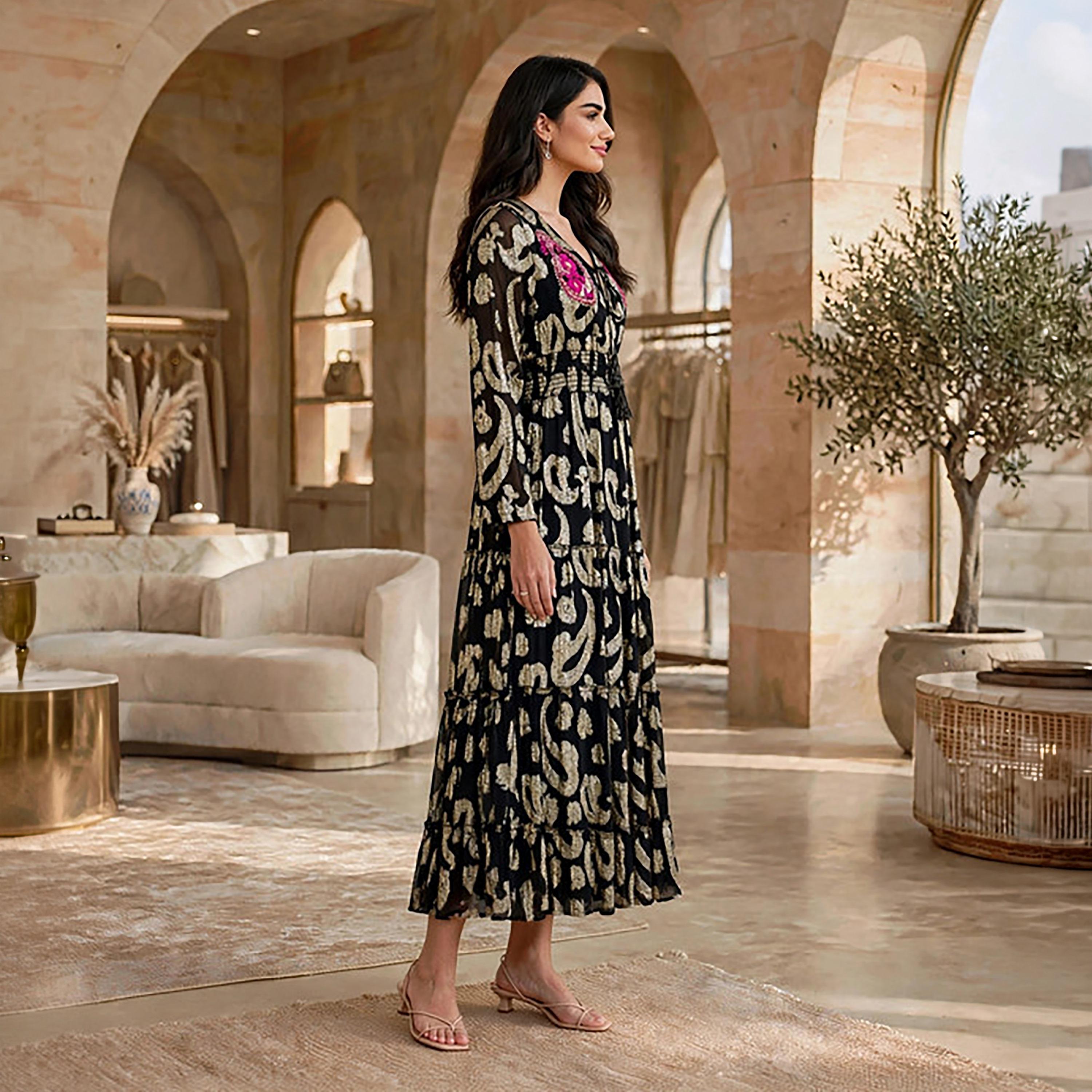 IKKXA Paisley Foil Print Smocked Women's Tiered Jalabiya-women-arabicclothing-jalabiyas-image-9