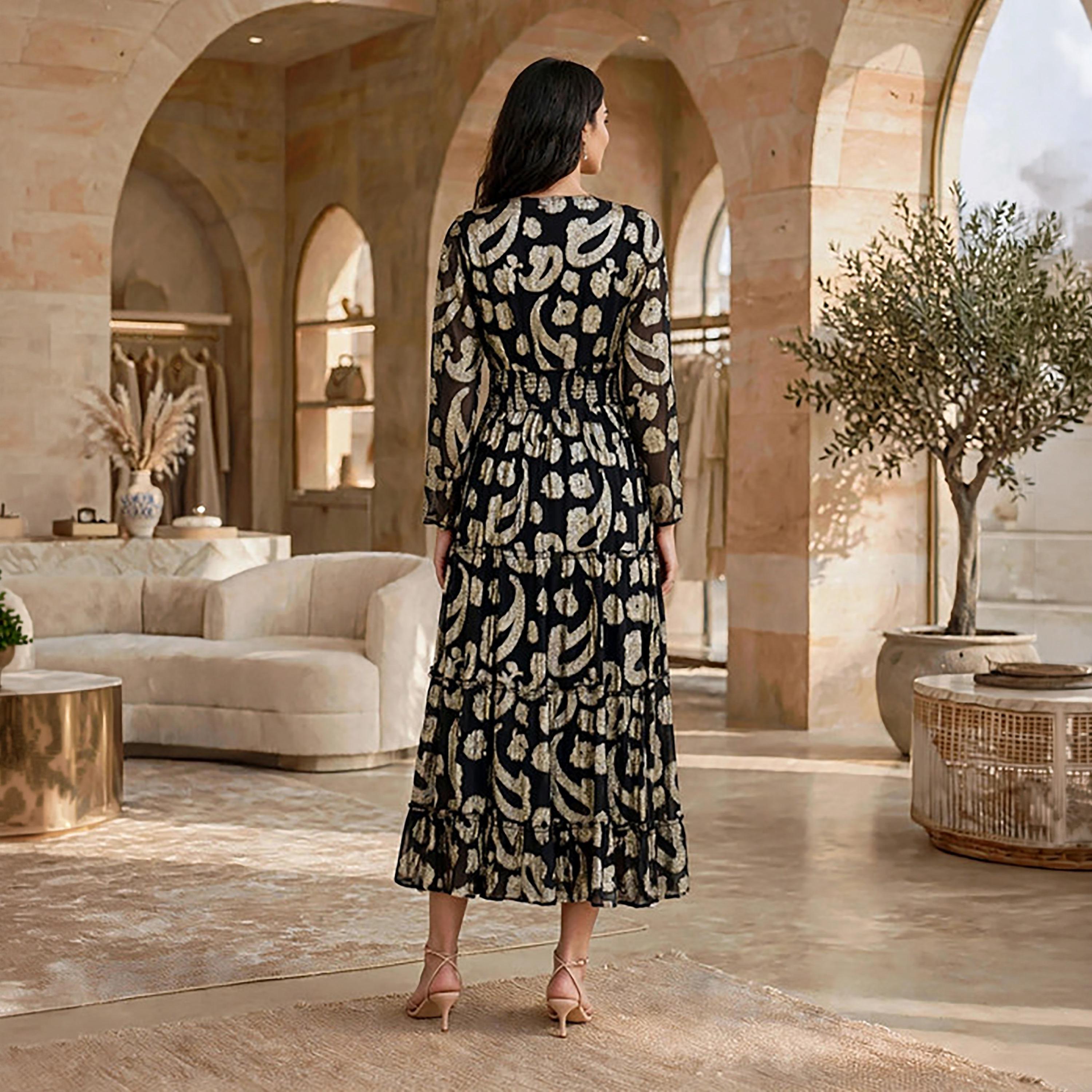 IKKXA Paisley Foil Print Smocked Women's Tiered Jalabiya-women-arabicclothing-jalabiyas-image-10