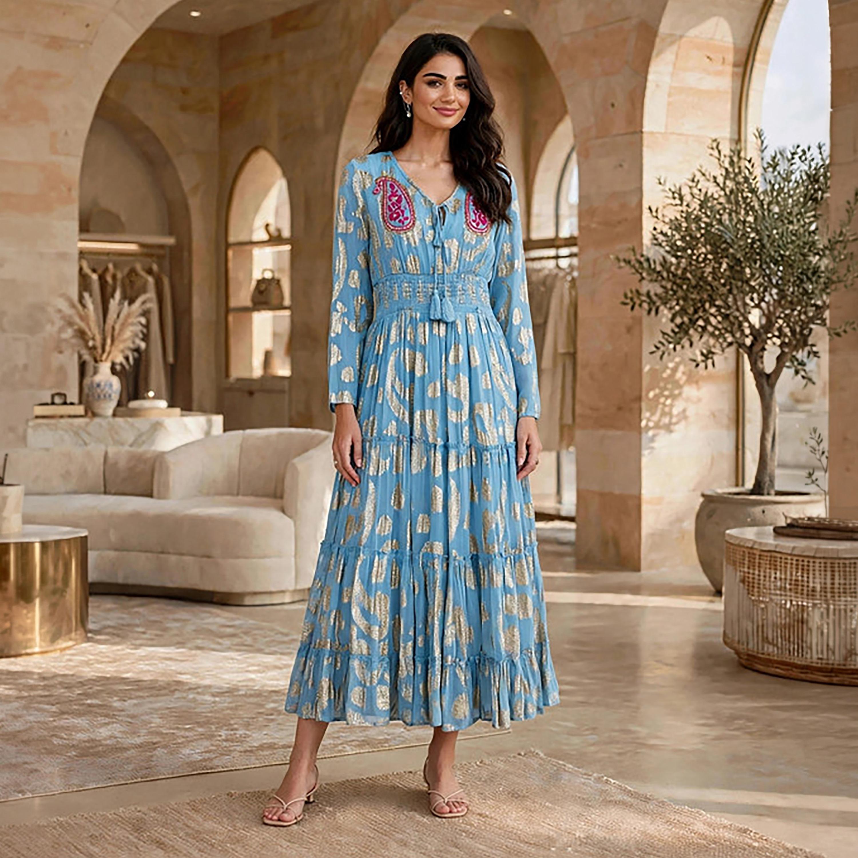 IKKXA Paisley Foil Print Smocked Women's Tiered Jalabiya-women-arabicclothing-jalabiyas-image-1