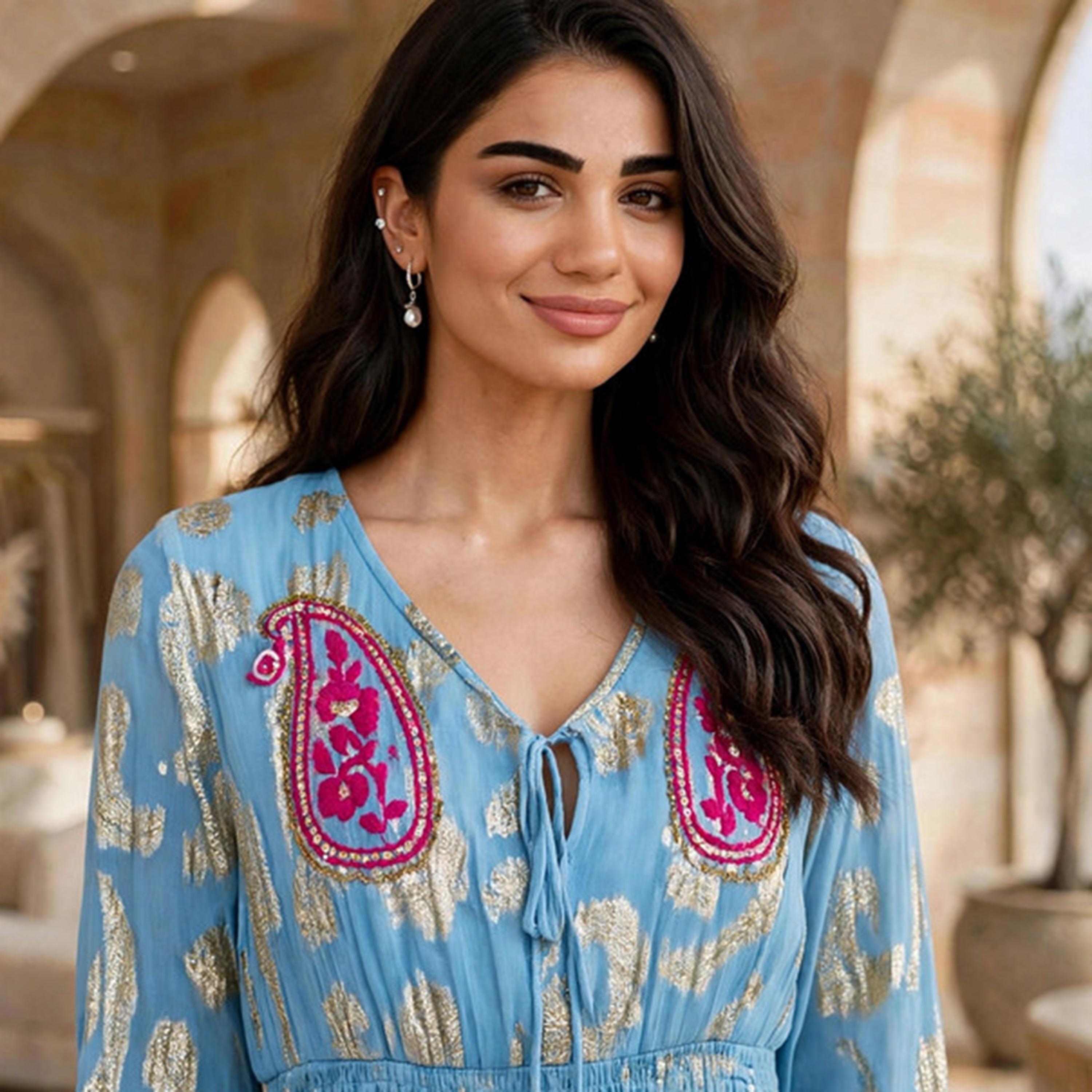 IKKXA Paisley Foil Print Smocked Women's Tiered Jalabiya-women-arabicclothing-jalabiyas-image-2