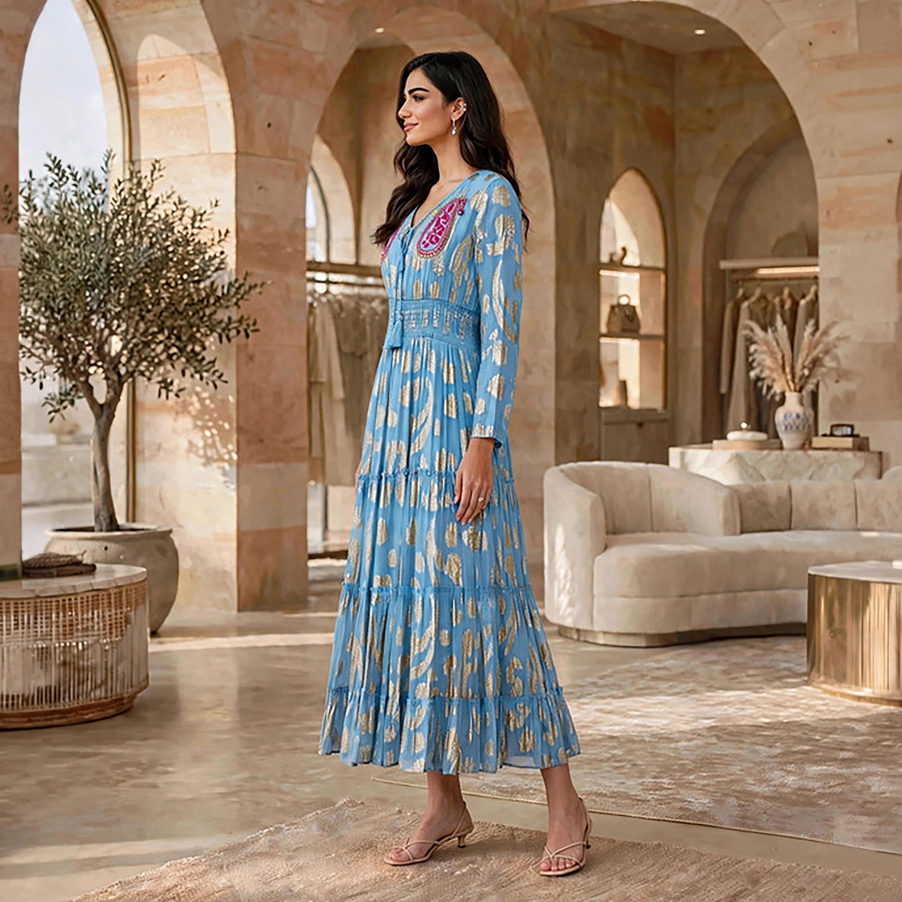 IKKXA Paisley Foil Print Smocked Women's Tiered Jalabiya-women-arabicclothing-jalabiyas-image-3