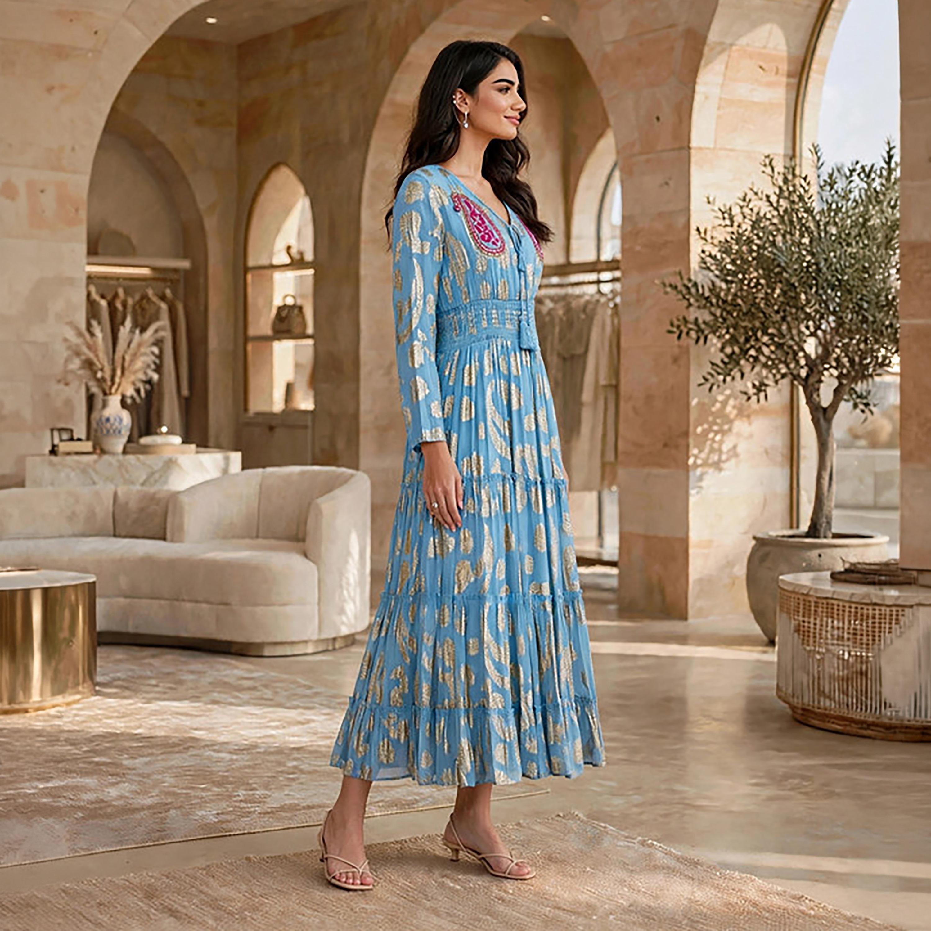 IKKXA Paisley Foil Print Smocked Women's Tiered Jalabiya-women-arabicclothing-jalabiyas-image-4