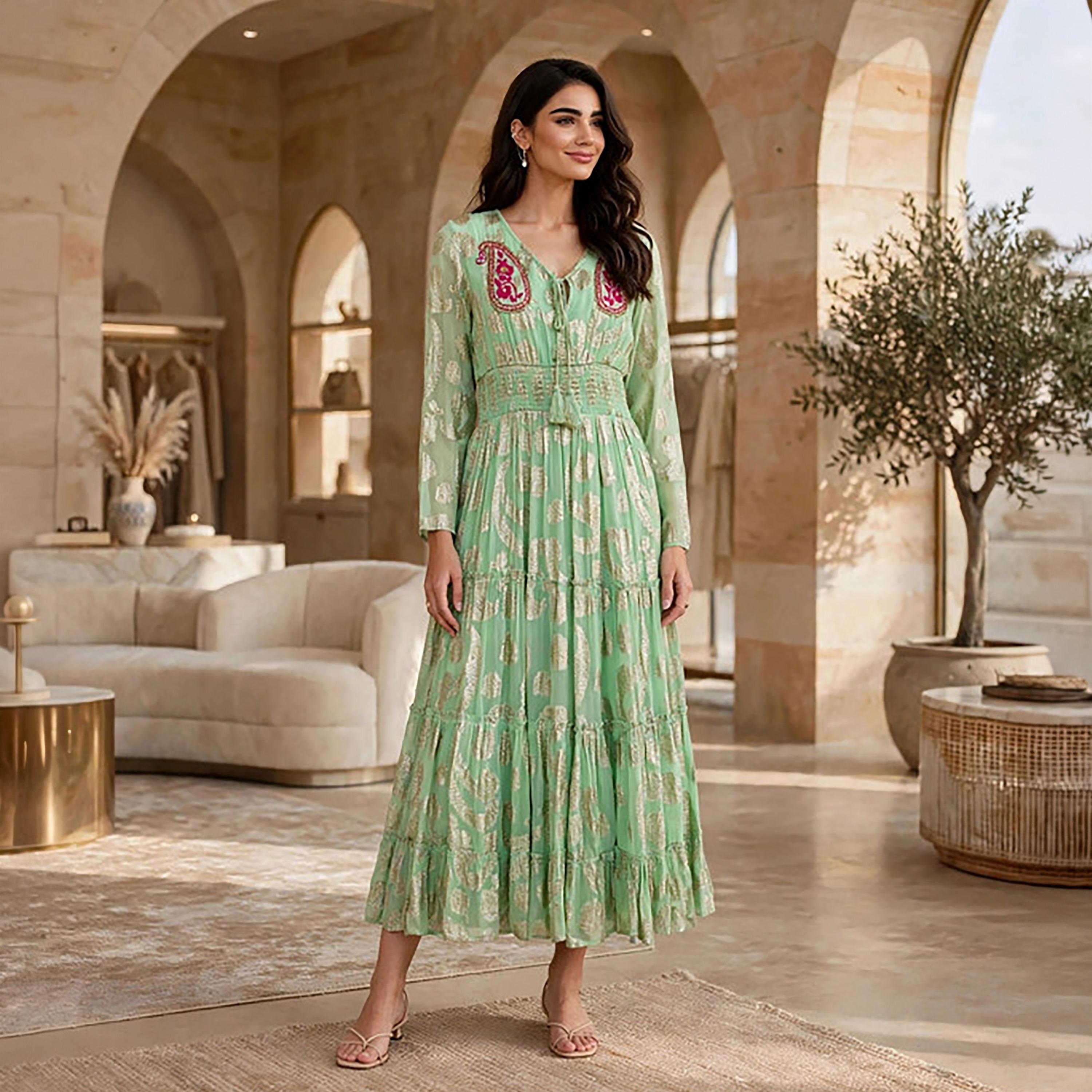 IKKXA Paisley Foil Print Smocked Women's Tiered Jalabiya-women-arabicclothing-jalabiyas-image-16