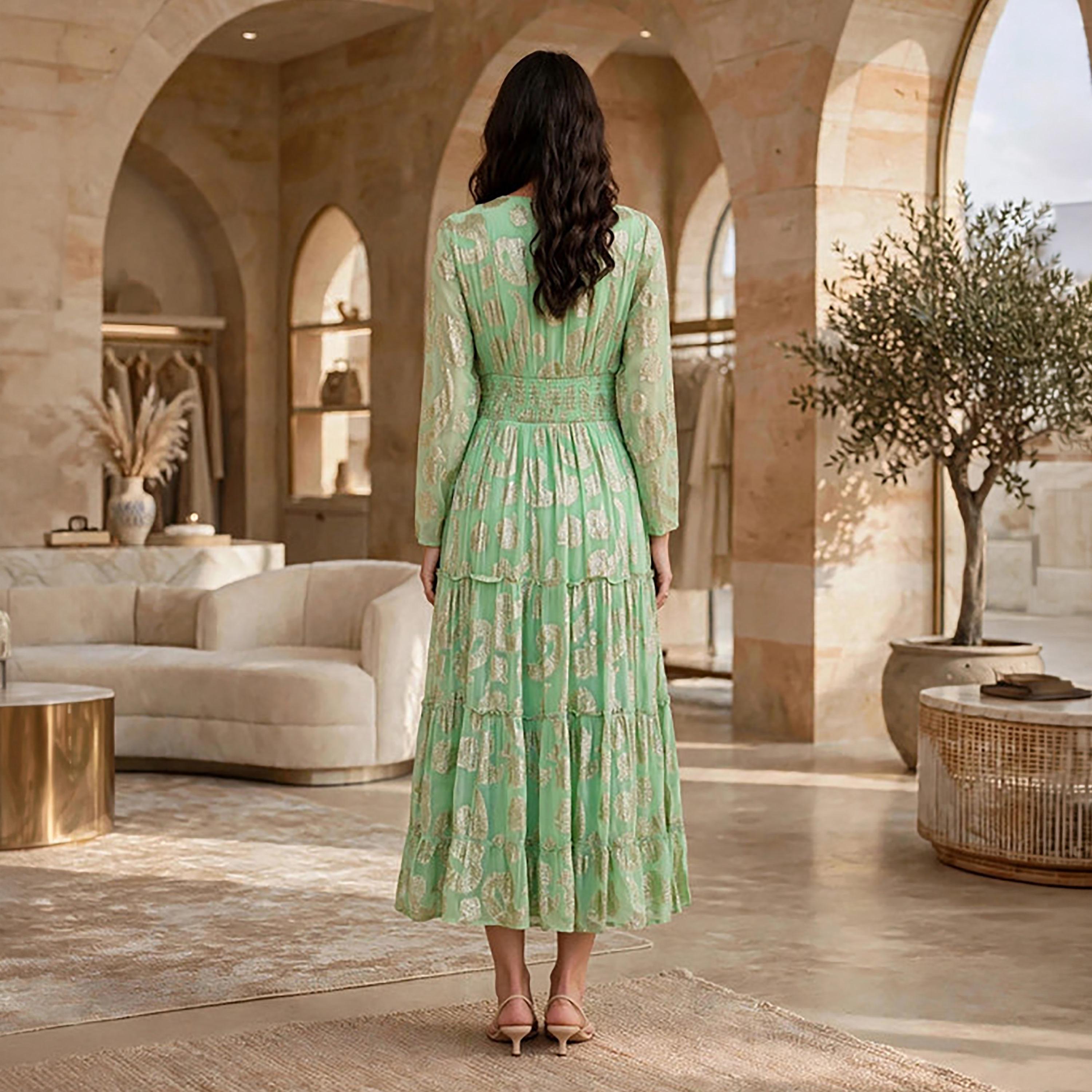 IKKXA Paisley Foil Print Smocked Women's Tiered Jalabiya-women-arabicclothing-jalabiyas-image-20