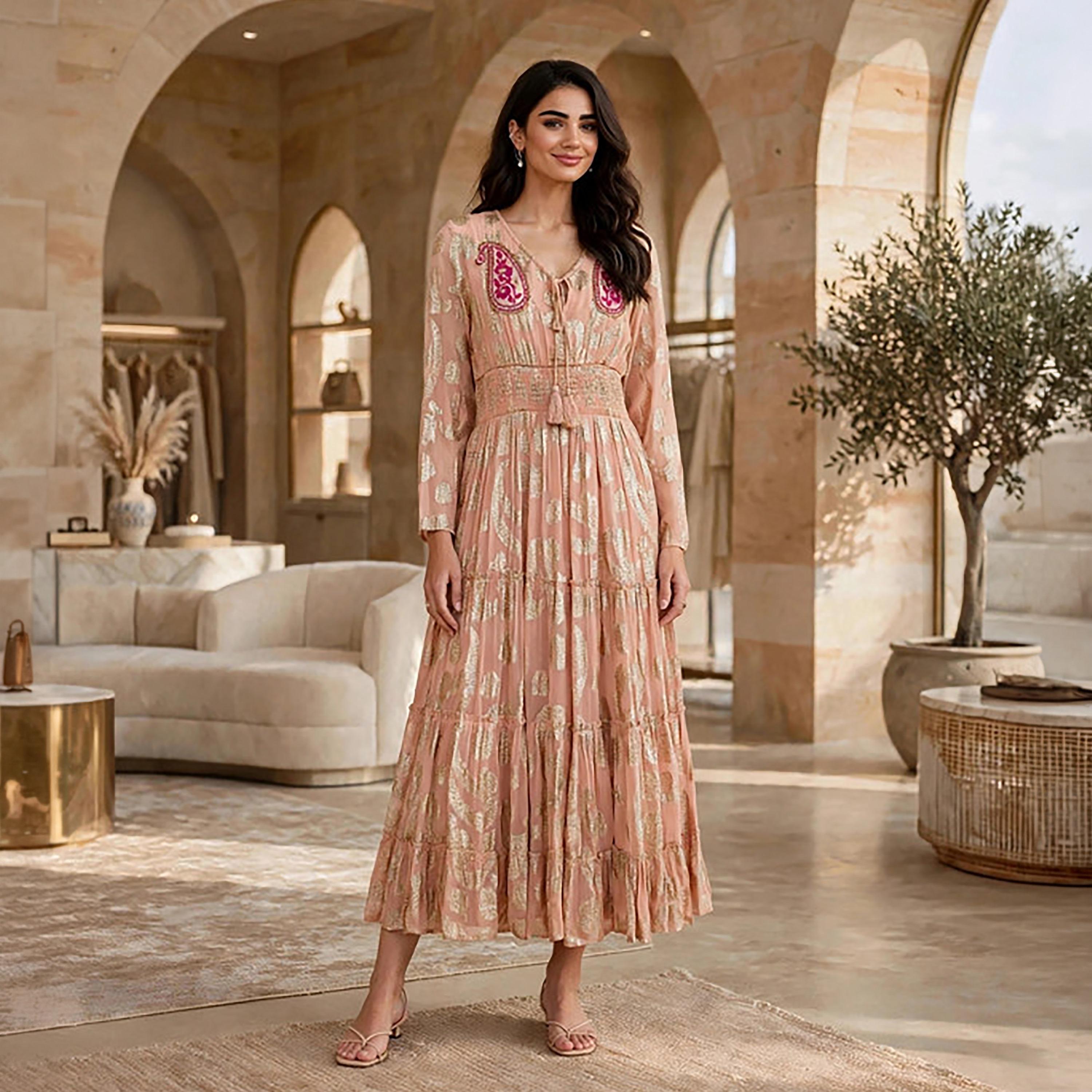 IKKXA Paisley Foil Print Smocked Women's Tiered Jalabiya-women-arabicclothing-jalabiyas-image-21