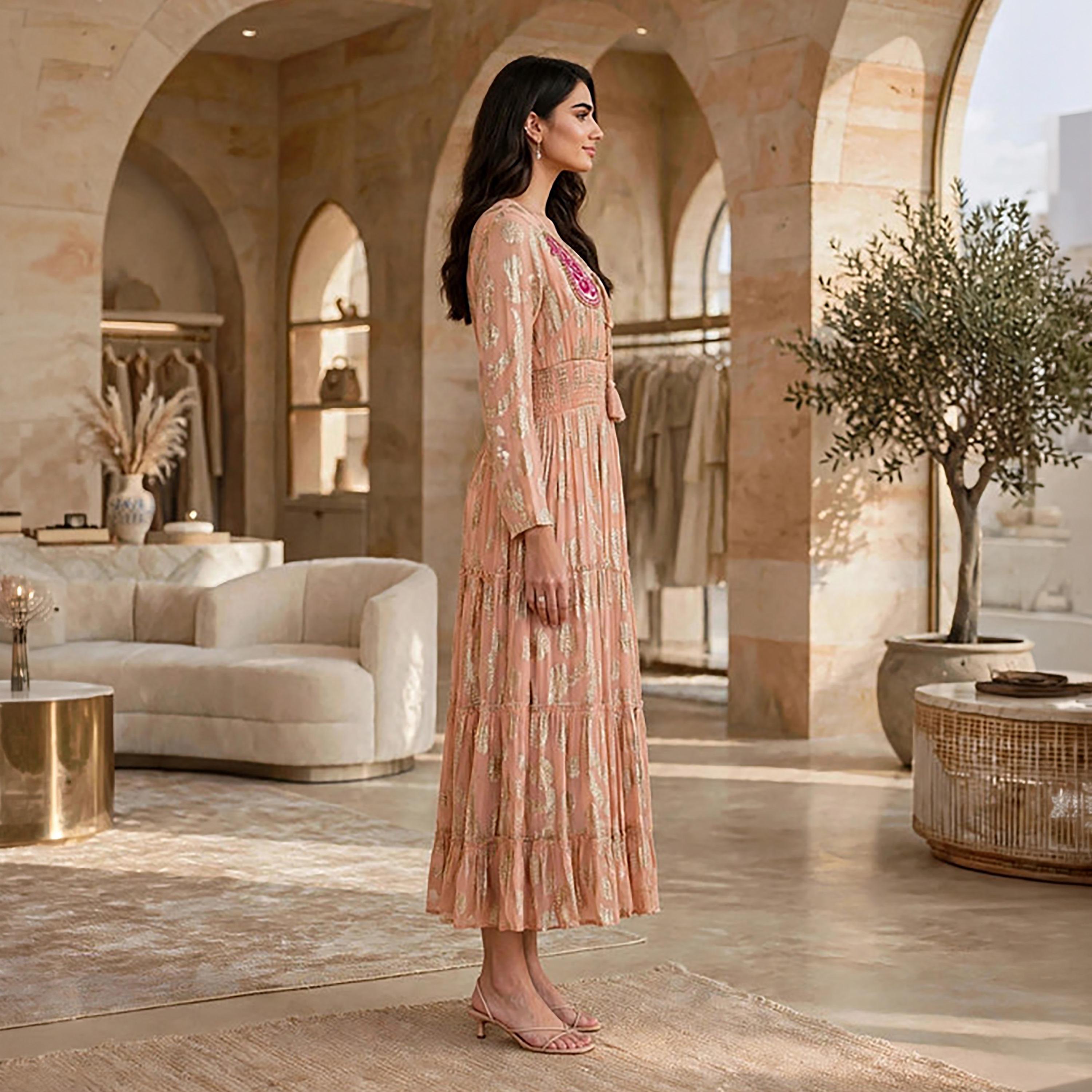 IKKXA Paisley Foil Print Smocked Women's Tiered Jalabiya-women-arabicclothing-jalabiyas-image-24