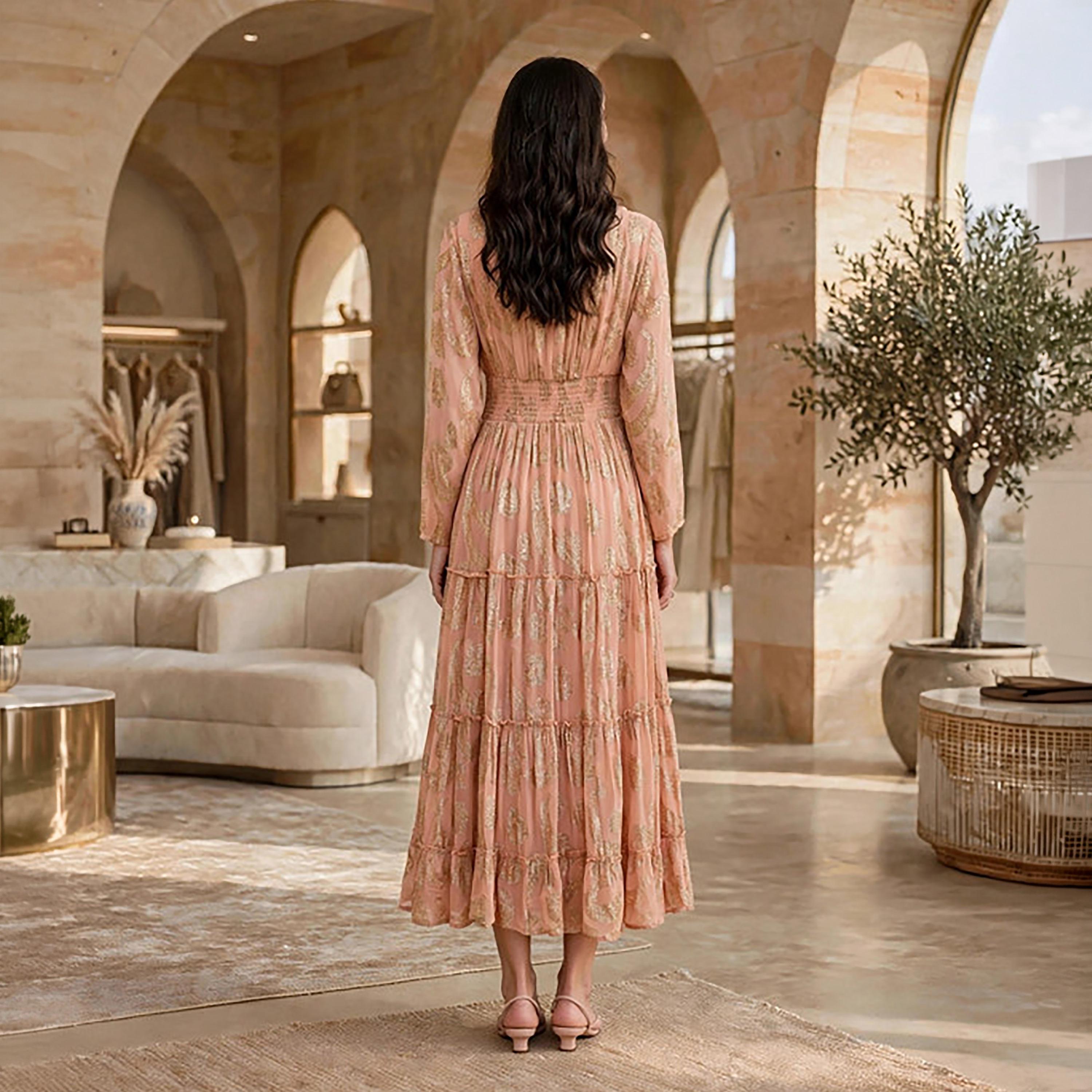 IKKXA Paisley Foil Print Smocked Women's Tiered Jalabiya-women-arabicclothing-jalabiyas-image-25