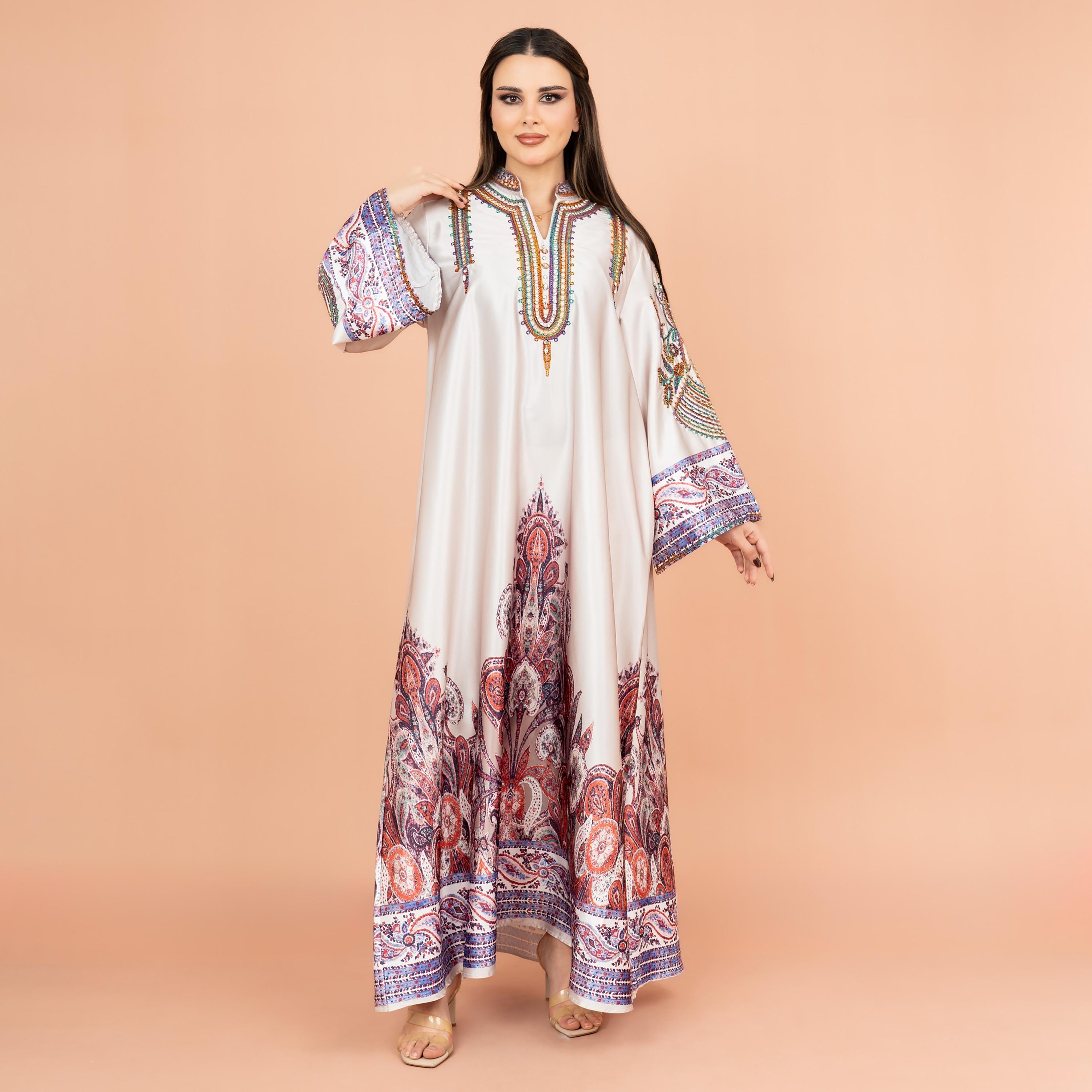 IKKXA Embroidered & Crystal and Bead Work Mandarin Collar Flared Sleeves Festive Women's Jalabiya-women-arabicclothing-jalabiyas-image-1