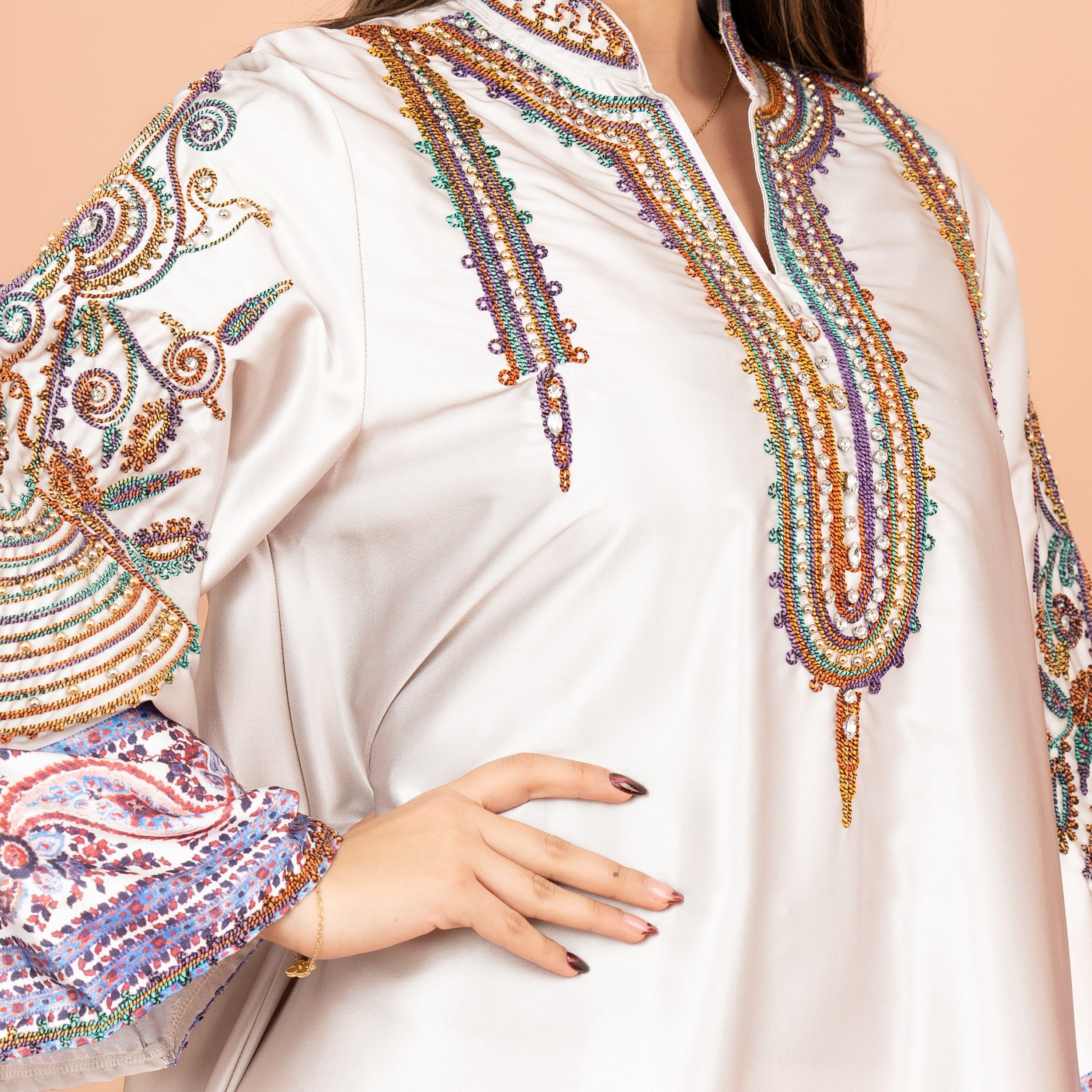 IKKXA Embroidered & Crystal and Bead Work Mandarin Collar Flared Sleeves Festive Women's Jalabiya-women-arabicclothing-jalabiyas-image-2