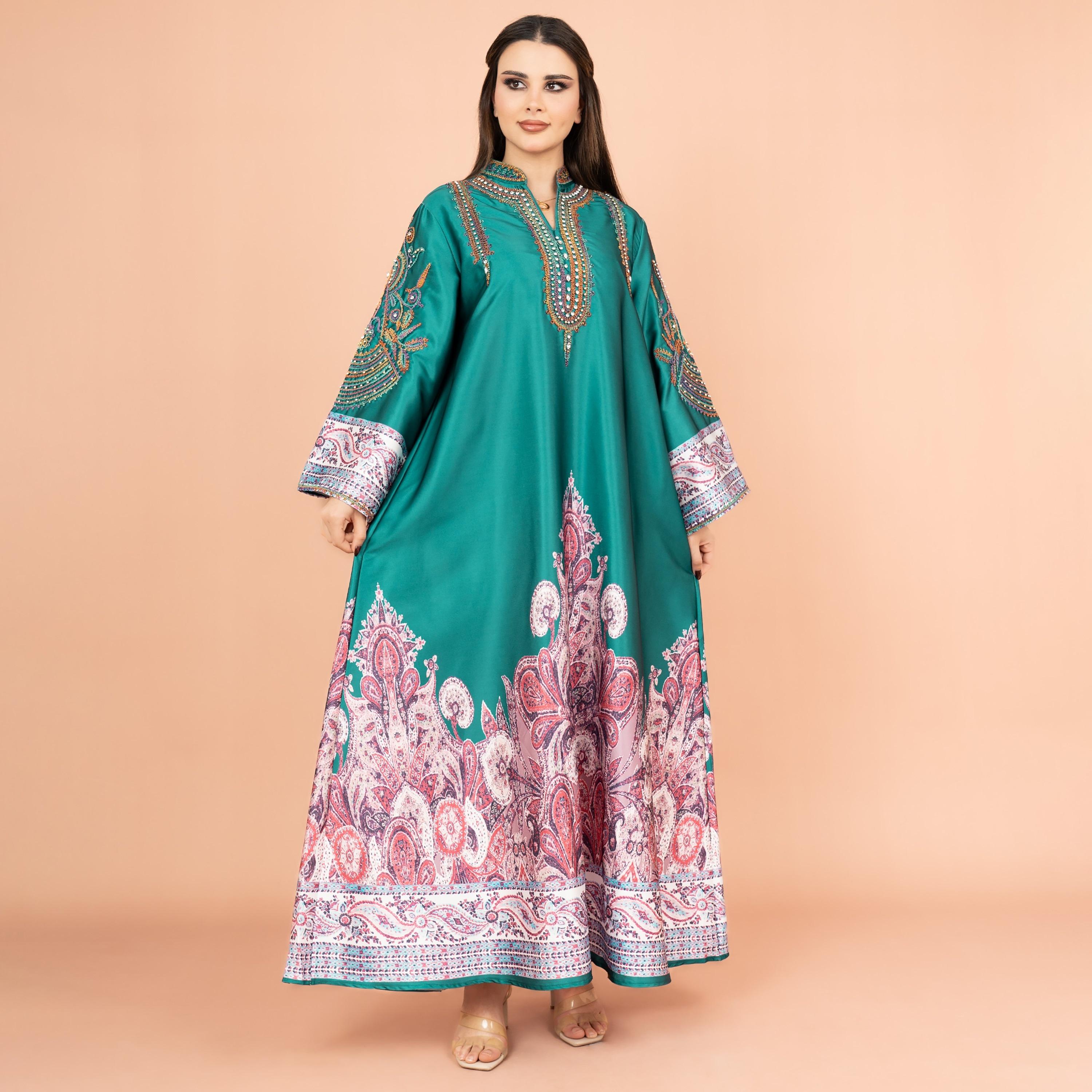 IKKXA جلابية نسائية مطرزة وكريستال وخرز بياقة ماندرين وأكمام واسعة-women-arabicclothing-jalabiyas-image-5
