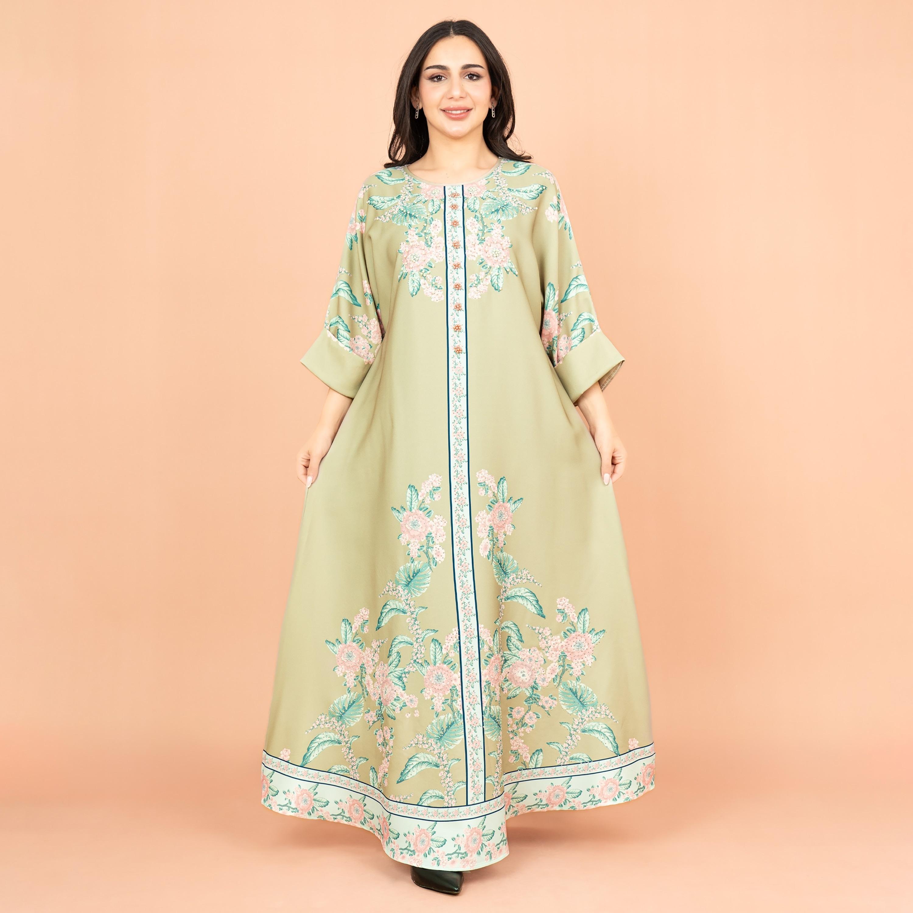 IKKXA طباعة زهور ساحرة ومزينة باللؤلؤ بأكمام قابلة للطي جلابية نسائية احتفالية-women-arabicclothing-jalabiyas-image-1