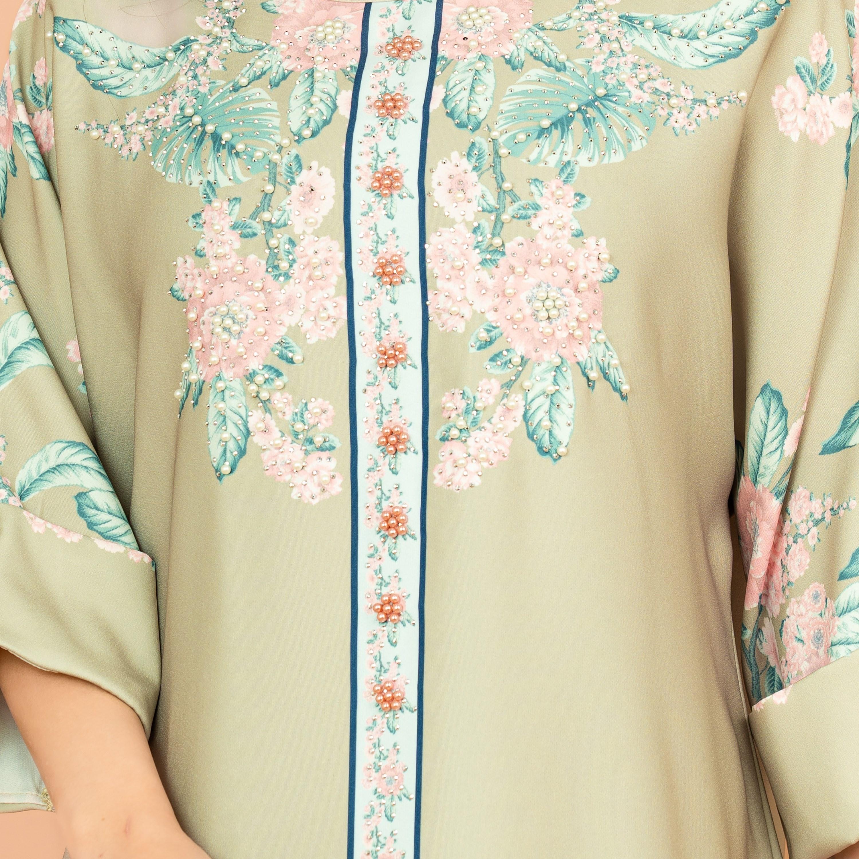IKKXA طباعة زهور ساحرة ومزينة باللؤلؤ بأكمام قابلة للطي جلابية نسائية احتفالية-women-arabicclothing-jalabiyas-image-2