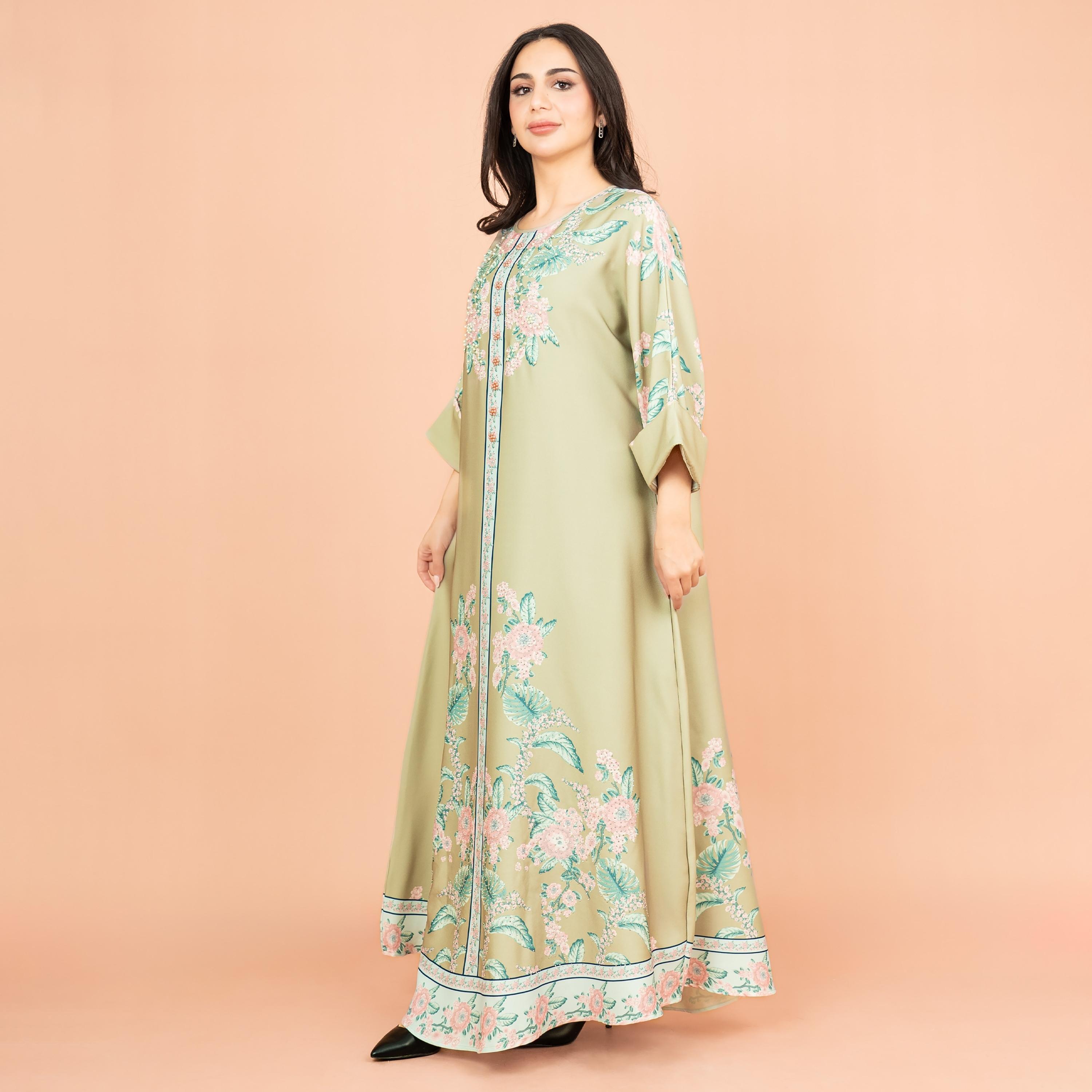 IKKXA طباعة زهور ساحرة ومزينة باللؤلؤ بأكمام قابلة للطي جلابية نسائية احتفالية-women-arabicclothing-jalabiyas-image-3