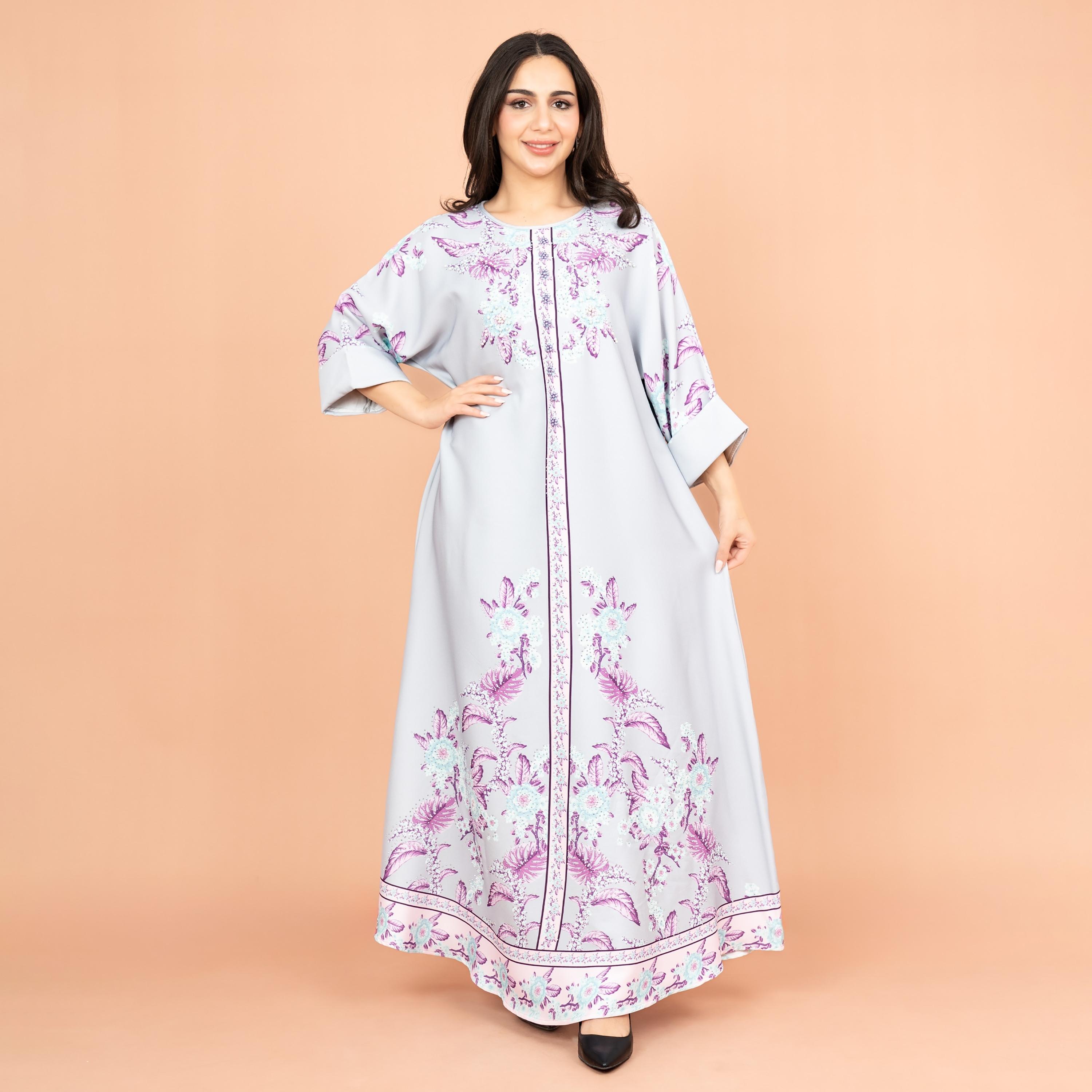 IKKXA Floral Enchant Print & Embellished with Pearl Work Roll-Up Sleeves Festive Women's Jalabiya-women-arabicclothing-jalabiyas-image-1
