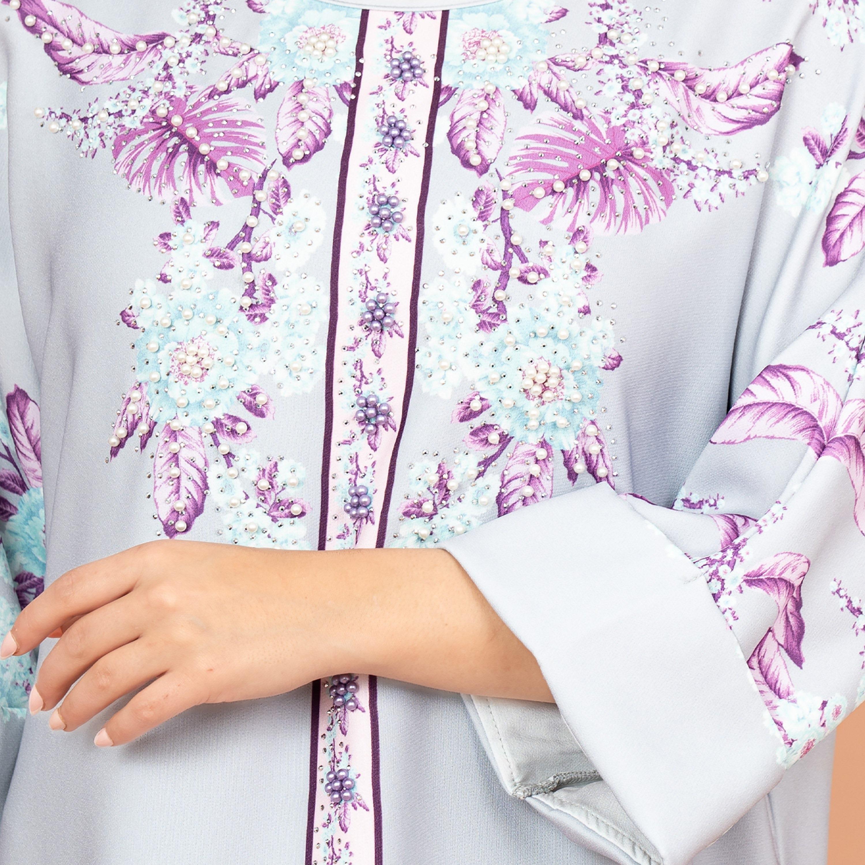 IKKXA Floral Enchant Print & Embellished with Pearl Work Roll-Up Sleeves Festive Women's Jalabiya-women-arabicclothing-jalabiyas-image-2