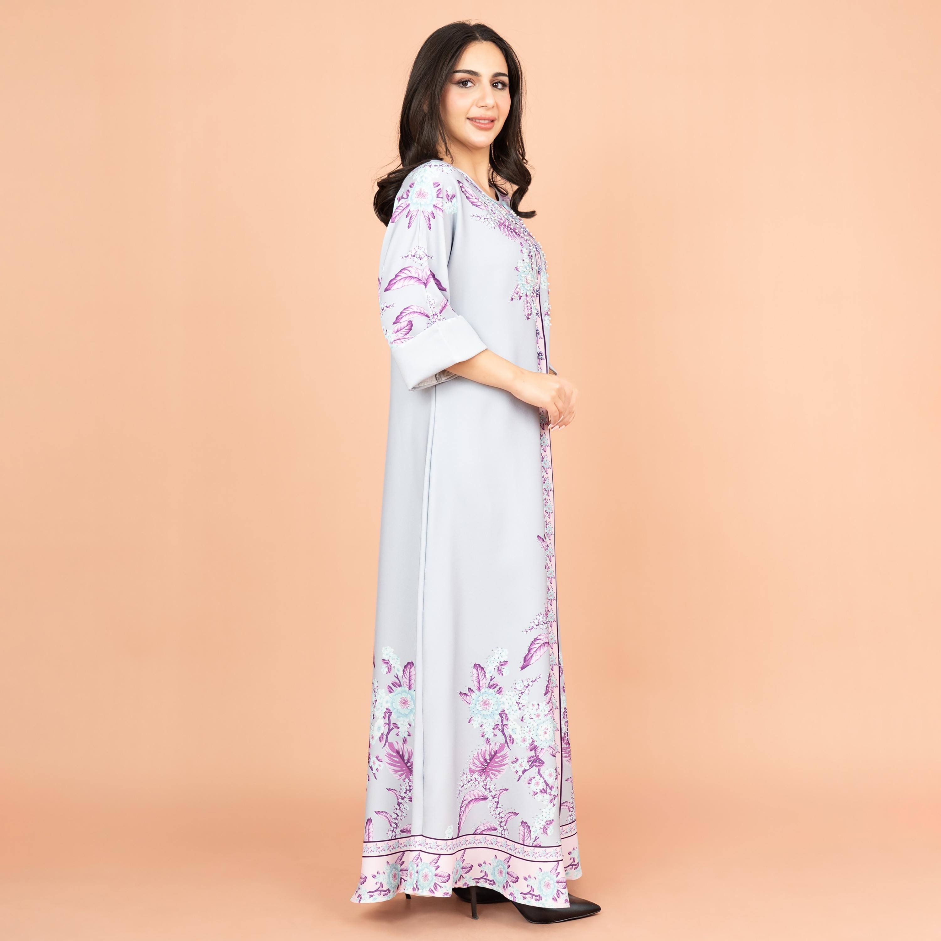 IKKXA Floral Enchant Print & Embellished with Pearl Work Roll-Up Sleeves Festive Women's Jalabiya-women-arabicclothing-jalabiyas-image-3