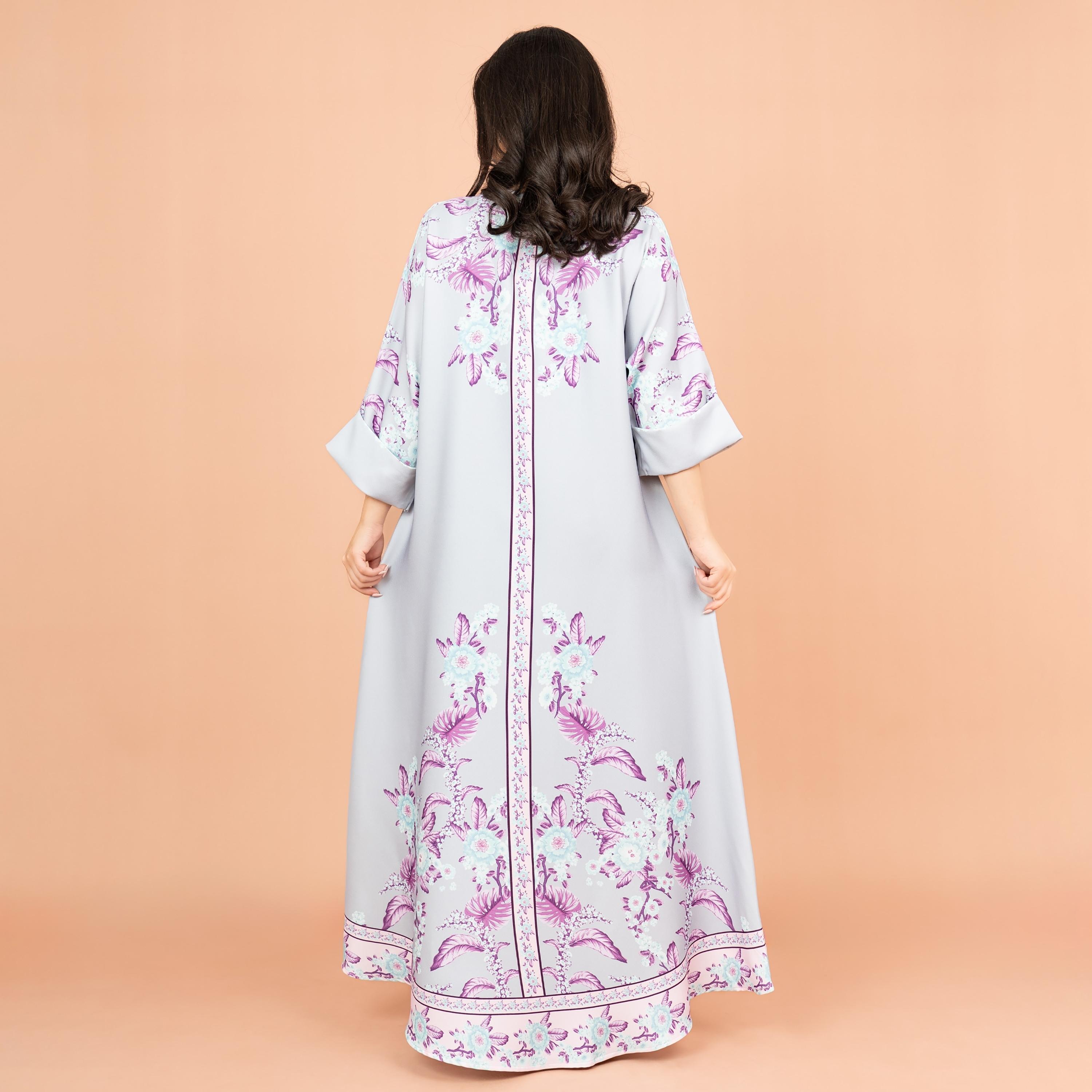 IKKXA Floral Enchant Print & Embellished with Pearl Work Roll-Up Sleeves Festive Women's Jalabiya-women-arabicclothing-jalabiyas-image-4