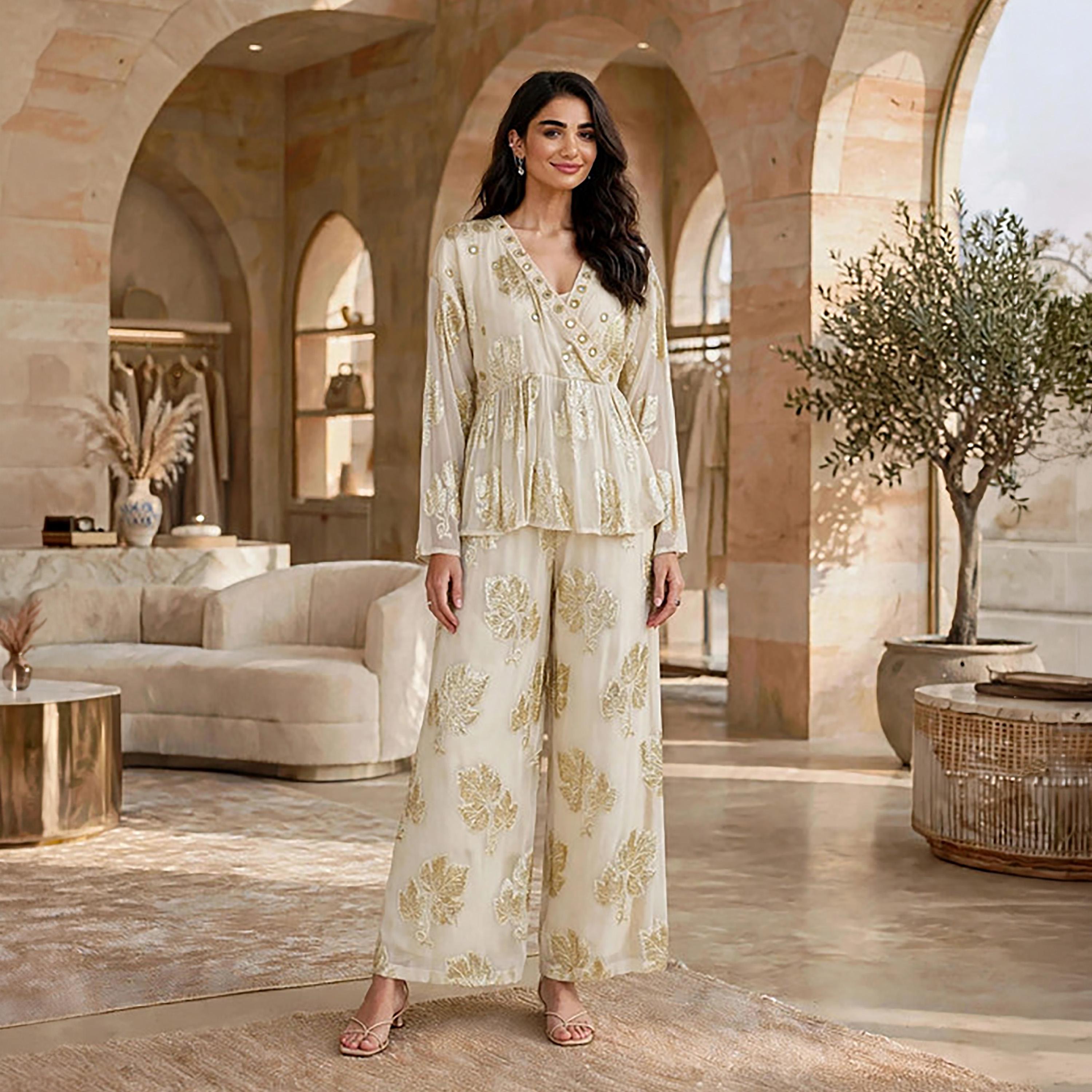 IKKXA 2-Piece Foil Leaf Print Women's Peplum Top & Wide Leg Trousers Set-women-arabicclothing-sets-image-6