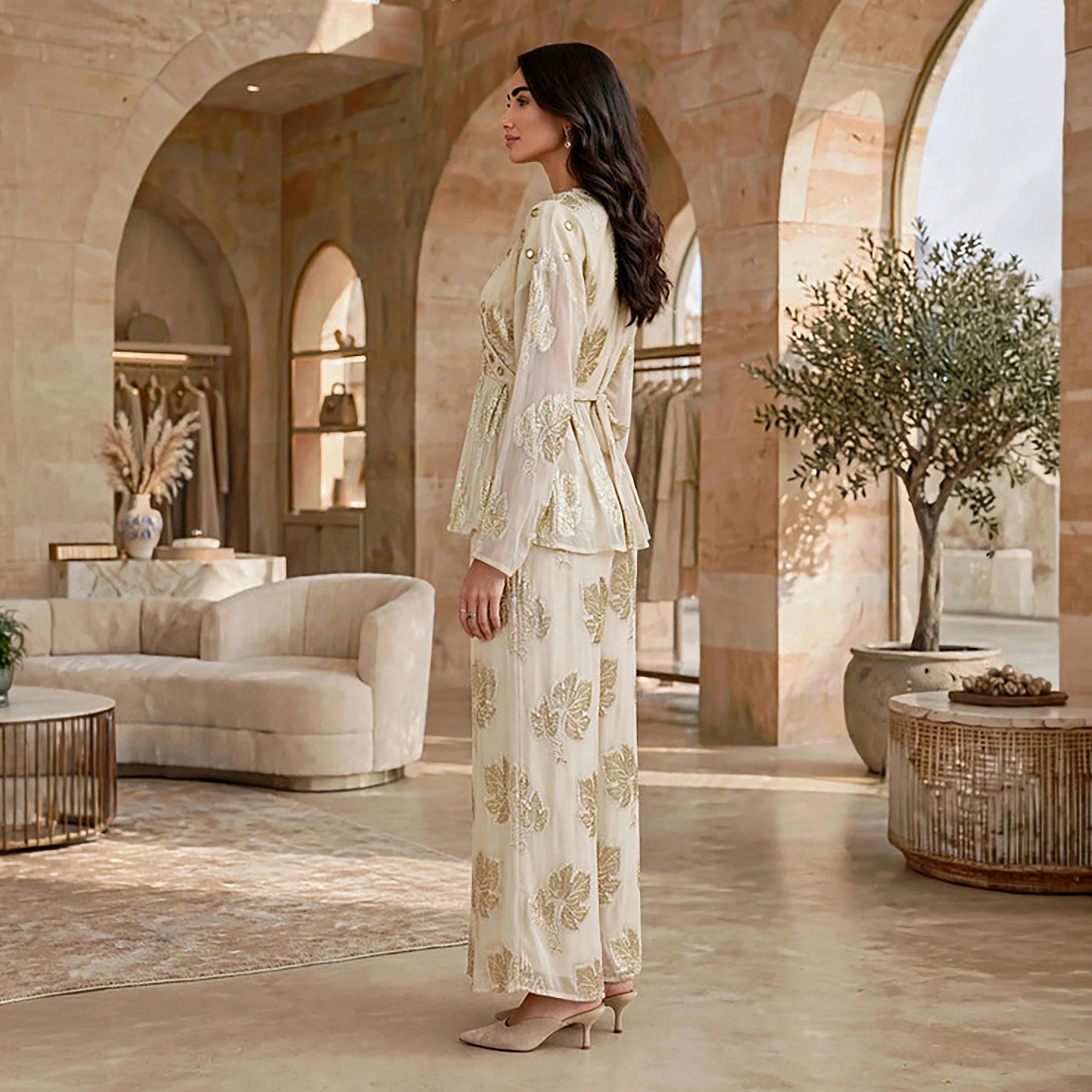 IKKXA 2-Piece Foil Leaf Print Women's Peplum Top & Wide Leg Trousers Set-women-arabicclothing-sets-image-3