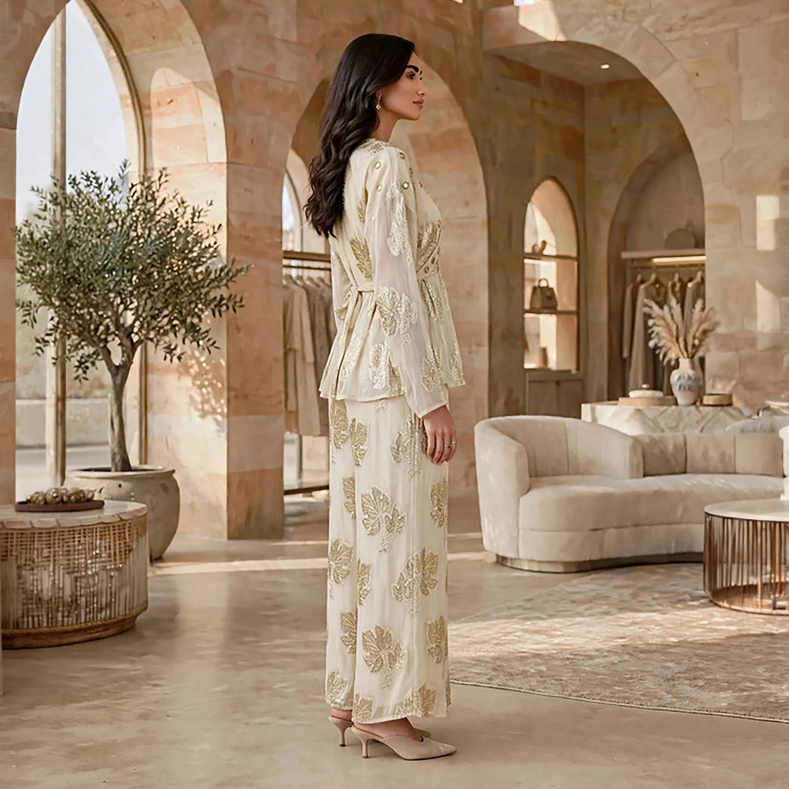IKKXA 2-Piece Foil Leaf Print Women's Peplum Top & Wide Leg Trousers Set-women-arabicclothing-sets-image-4