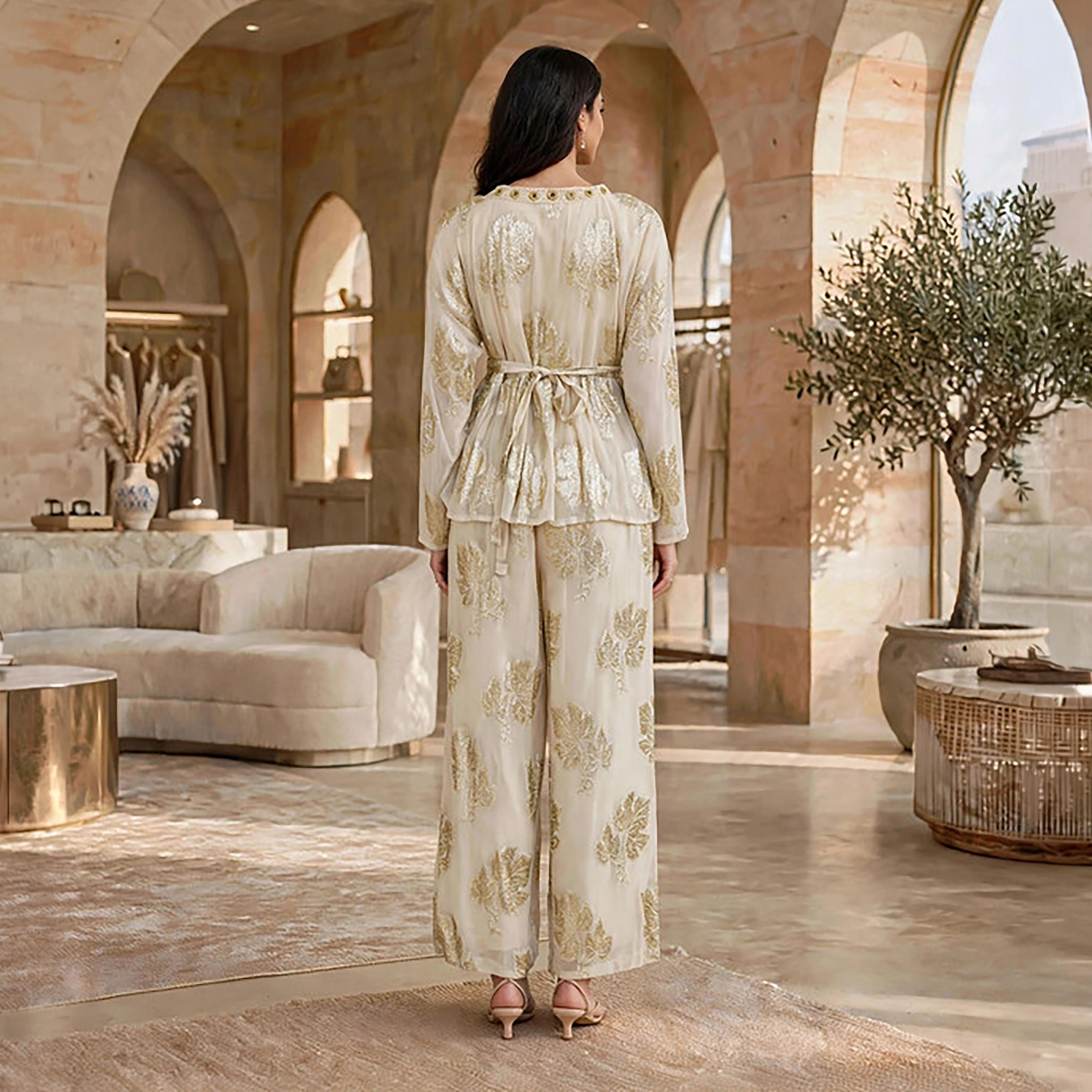 IKKXA 2-Piece Foil Leaf Print Women's Peplum Top & Wide Leg Trousers Set-women-arabicclothing-sets-image-10