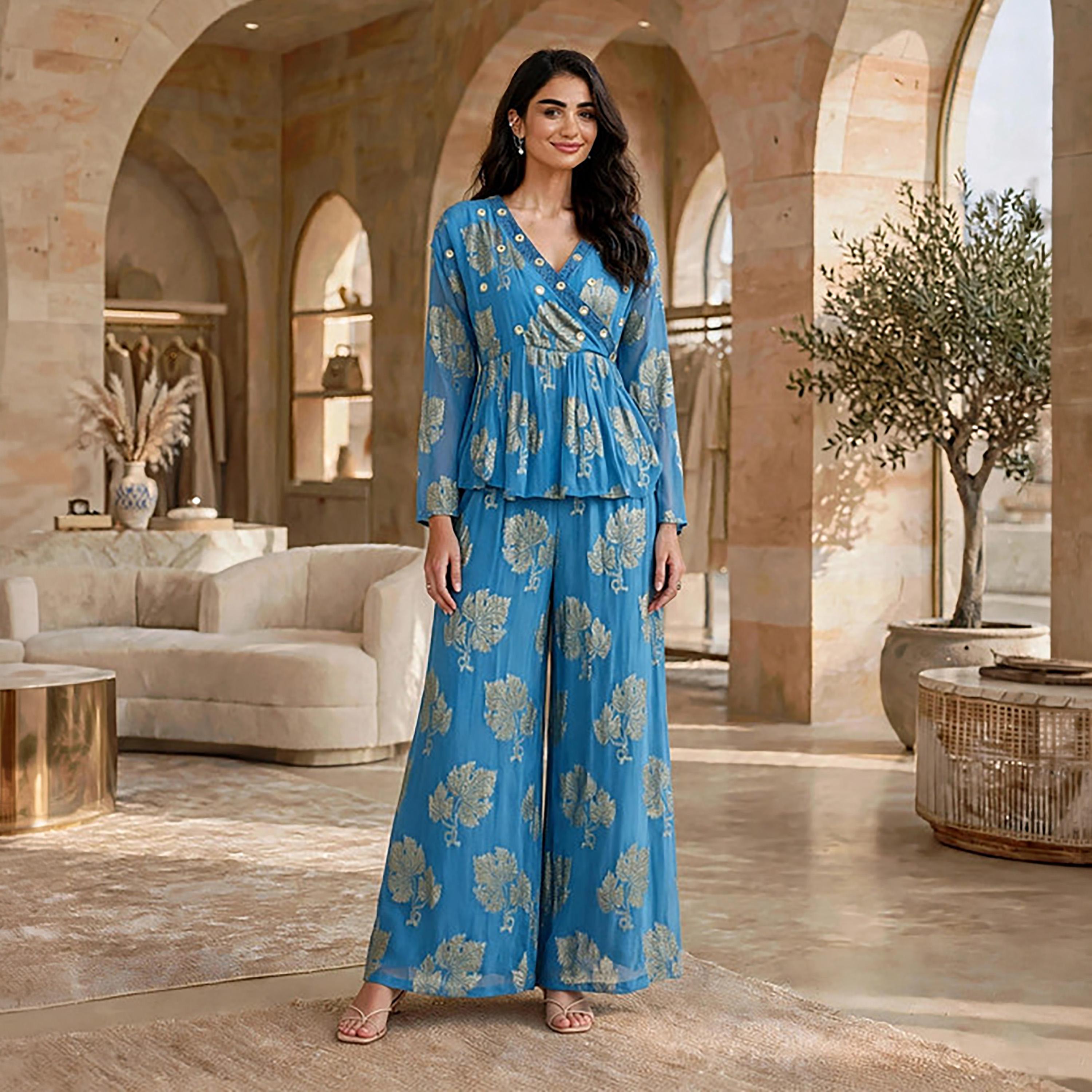 IKKXA 2-Piece Foil Leaf Print Women's Peplum Top & Wide Leg Trousers Set-women-arabicclothing-sets-image-1