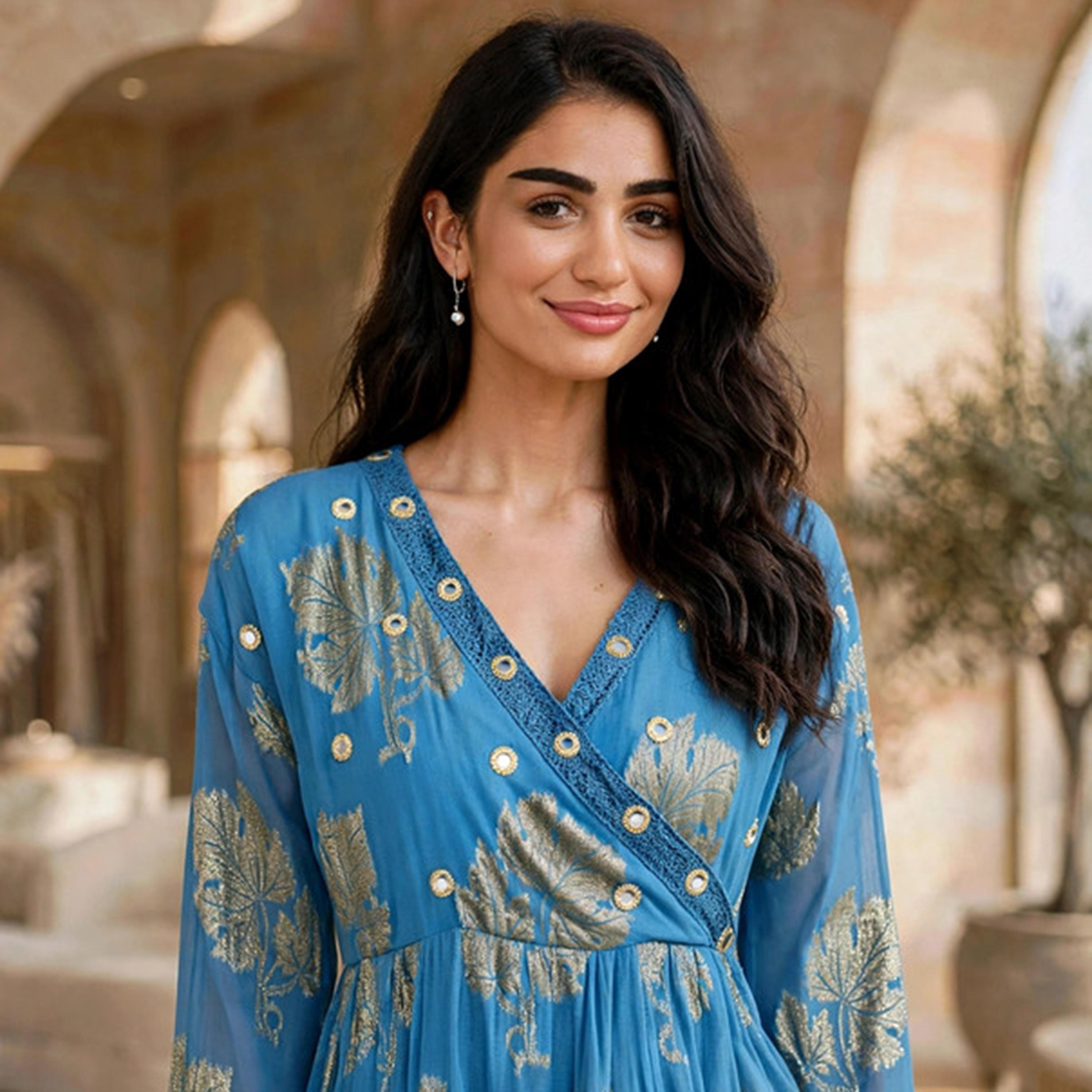 IKKXA 2-Piece Foil Leaf Print Women's Peplum Top & Wide Leg Trousers Set-women-arabicclothing-sets-image-2