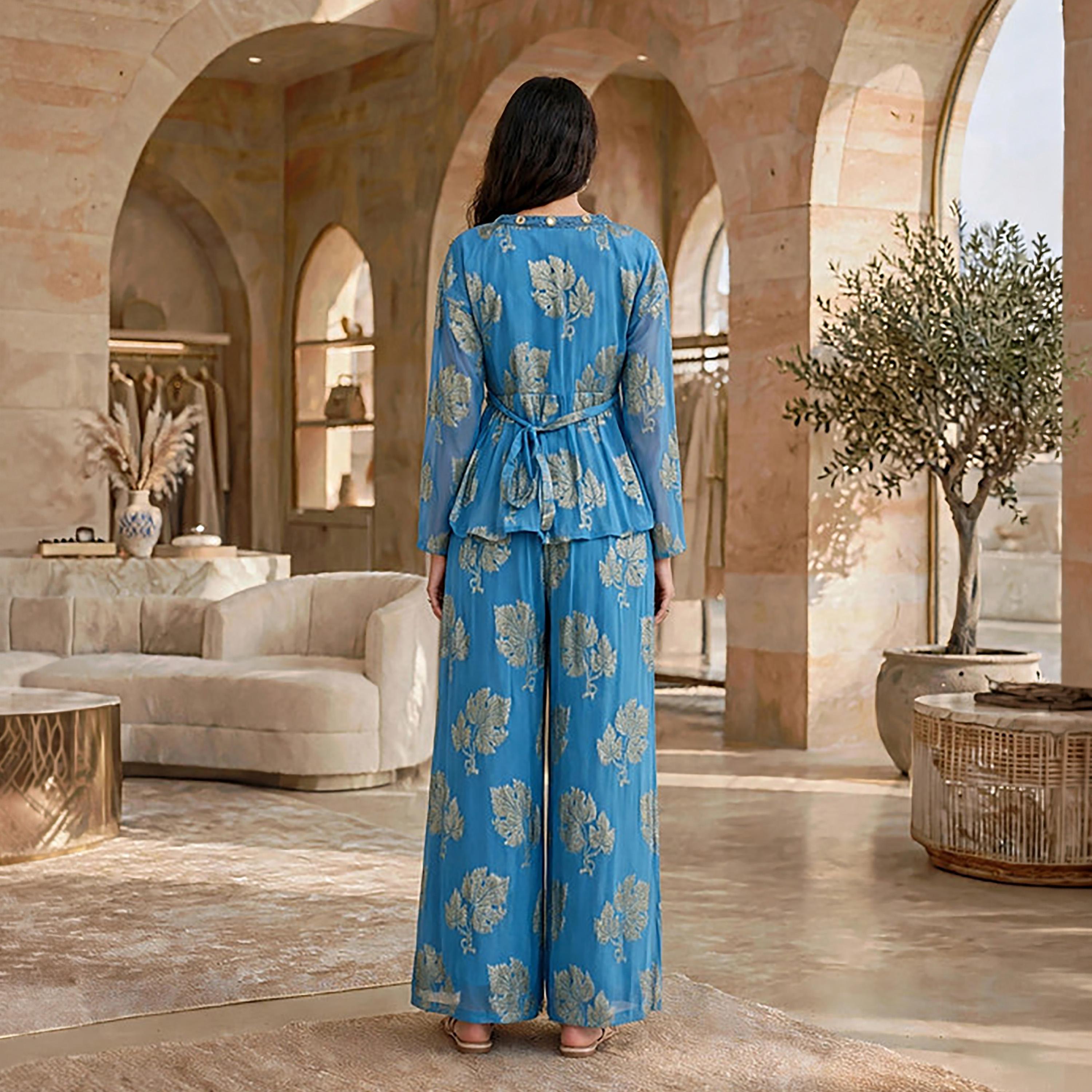 IKKXA 2-Piece Foil Leaf Print Women's Peplum Top & Wide Leg Trousers Set-women-arabicclothing-sets-image-5