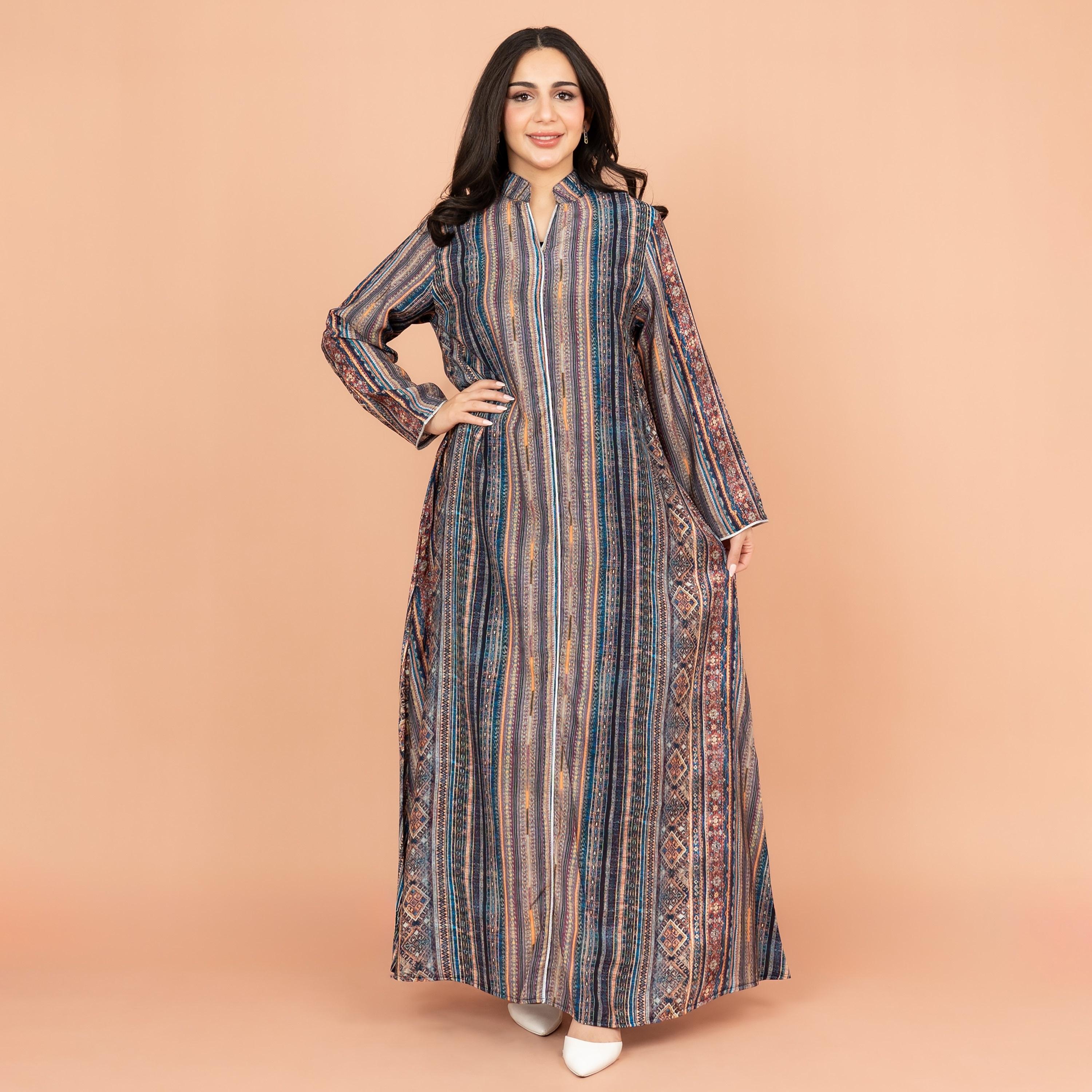 IKKXA Printed & Piping Detail Mandarin Collar Women's Jalabiya-women-arabicclothing-jalabiyas-image-1