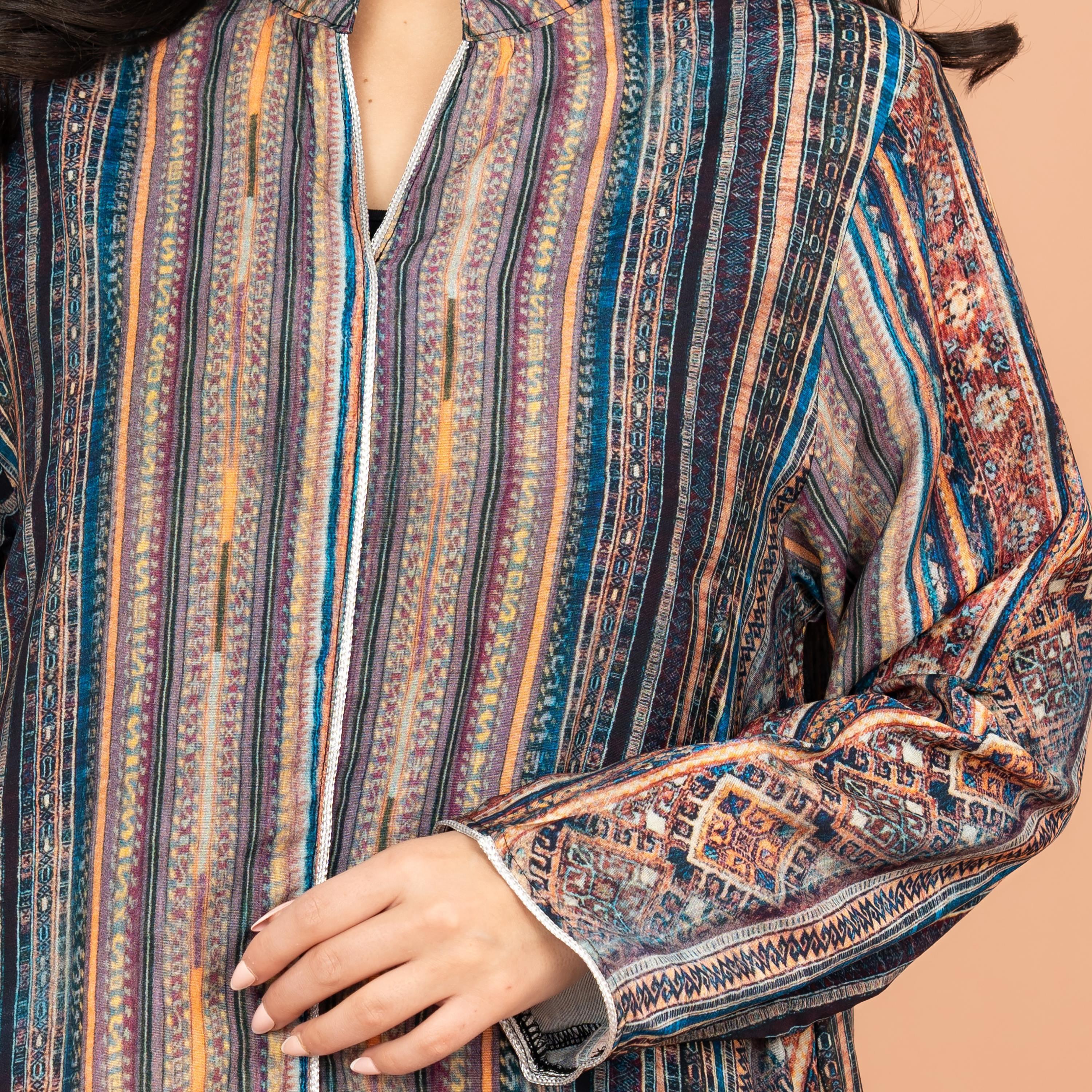 IKKXA Printed & Piping Detail Mandarin Collar Women's Jalabiya-women-arabicclothing-jalabiyas-image-2