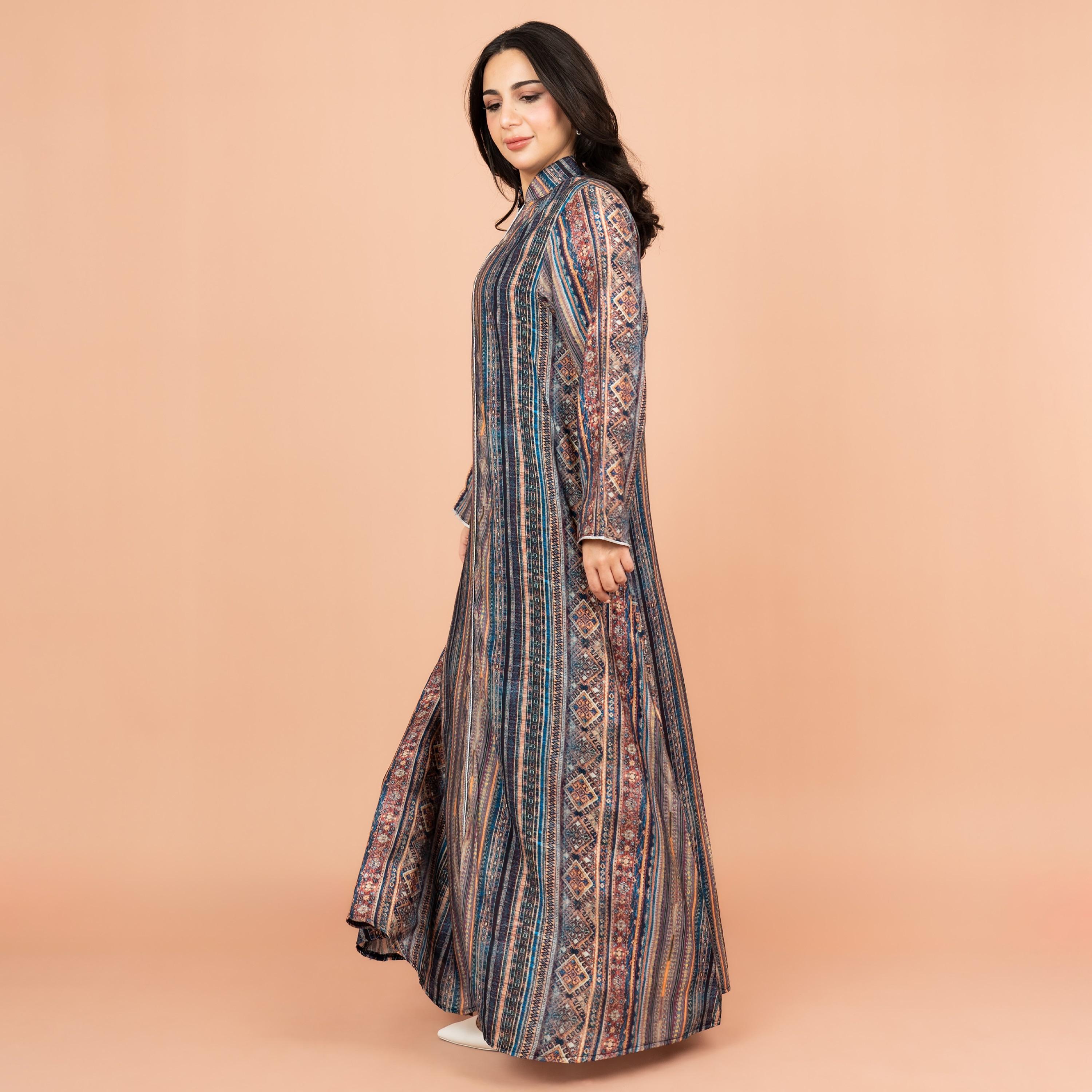 IKKXA Printed & Piping Detail Mandarin Collar Women's Jalabiya-women-arabicclothing-jalabiyas-image-3