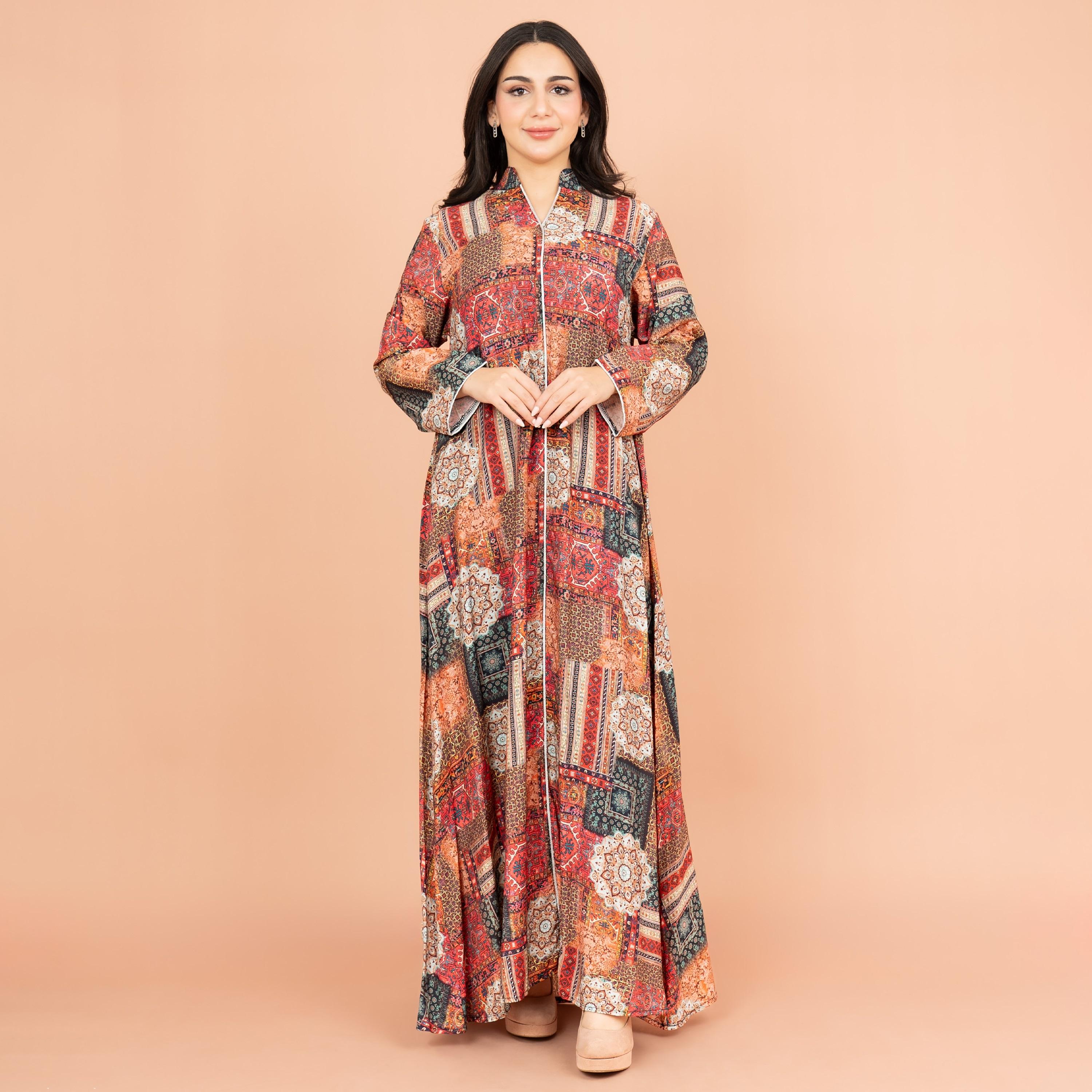 IKKXA جلابية نسائية مطبوعة وتفاصيل أنابيب-women-arabicclothing-jalabiyas-image-1