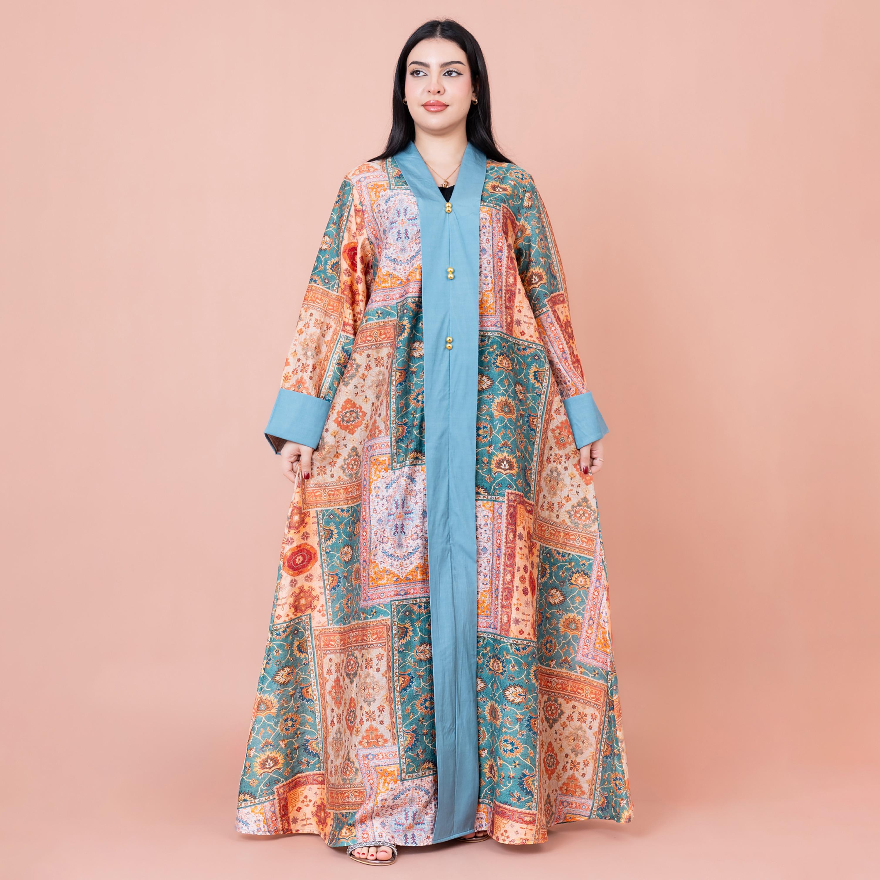 IKKXA Floral and Tribal Print Folded Cuff Flared Sleeves Women's Color Splash Jalabiya-women-arabicclothing-jalabiyas-image-1
